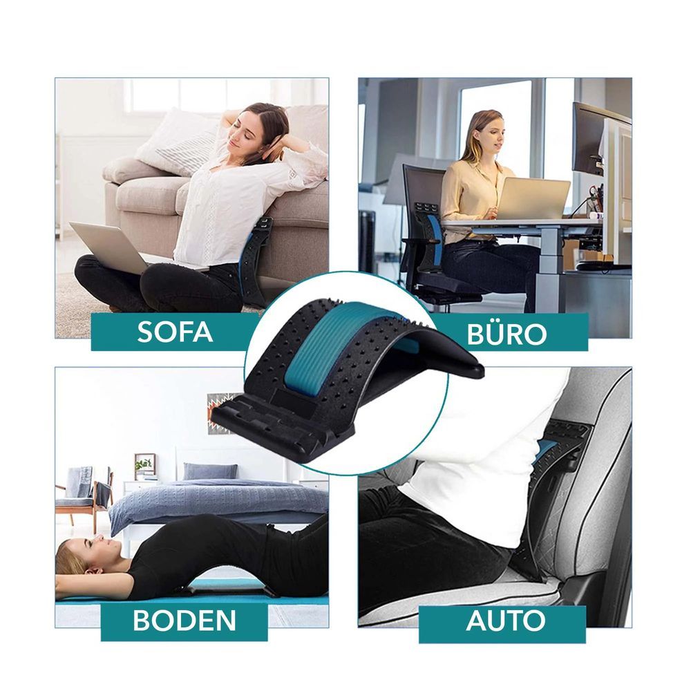Rückendehner in verschiedenen Anwendungskontexten: Sofa, Büro, Boden, Auto. Produkt in der Mitte.