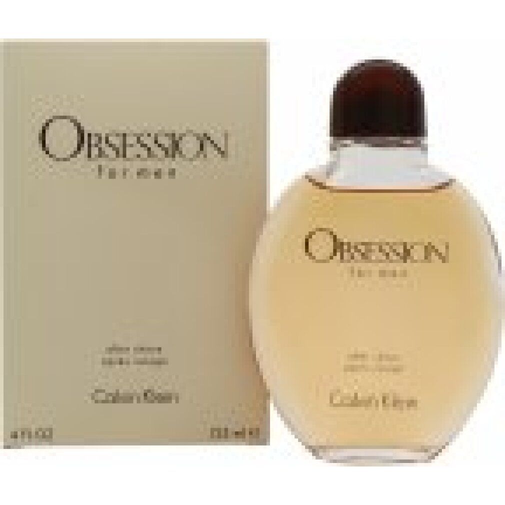 After Shave Lotion von Calvin Klein Obsession for Men. Flakon und Verpackung. Aufschrift: Obsession for men, after shave, Calvin Klein.