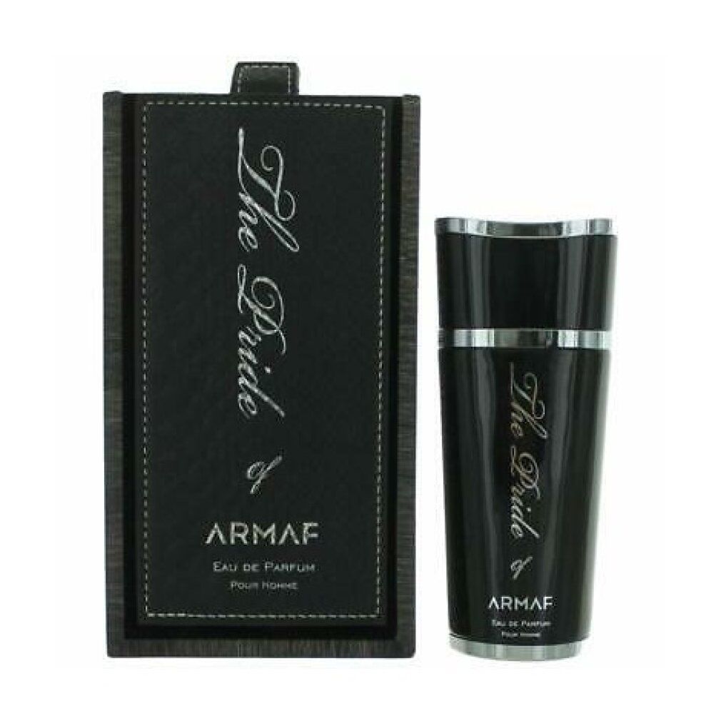 Schwarzer Flakon und Verpackung. Silberne Schrift: The Pride, Armaf. Eau de Parfum Pour Homme. Rechteckige Verpackung mit Deckel.
