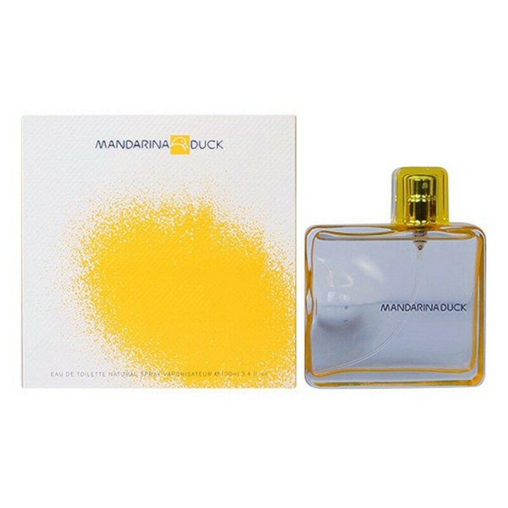 Eau de Toilette Spray mit Verpackung. Flakon und Verpackung mit Mandarina Duck Logo. Gelbe Akzente.