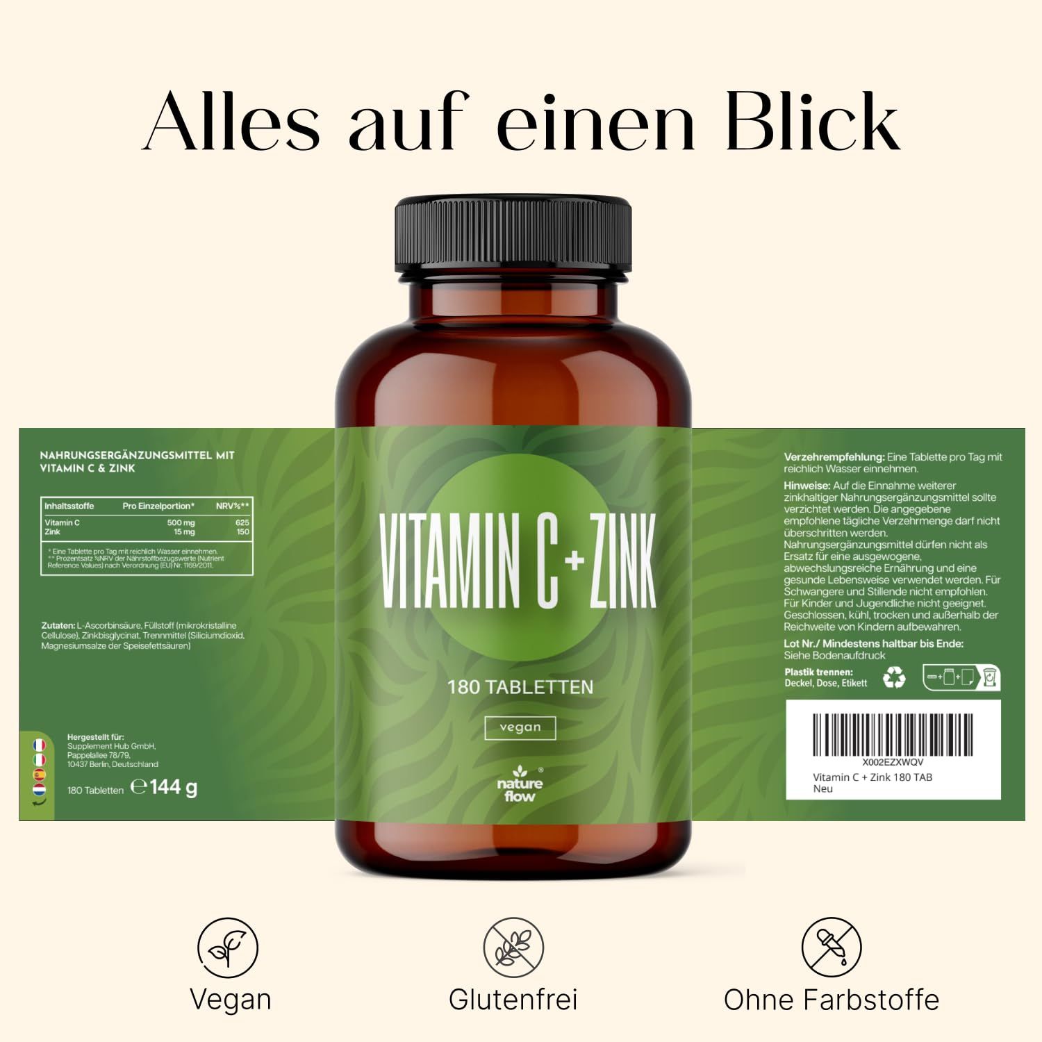 Braunglasflasche mit Etikett. Aufschrift: Vitamin C + Zink, 180 Tabletten, vegan. Zusätzliche Informationen auf der Verpackung. Vegan, glutenfrei, ohne Farbstoffe.