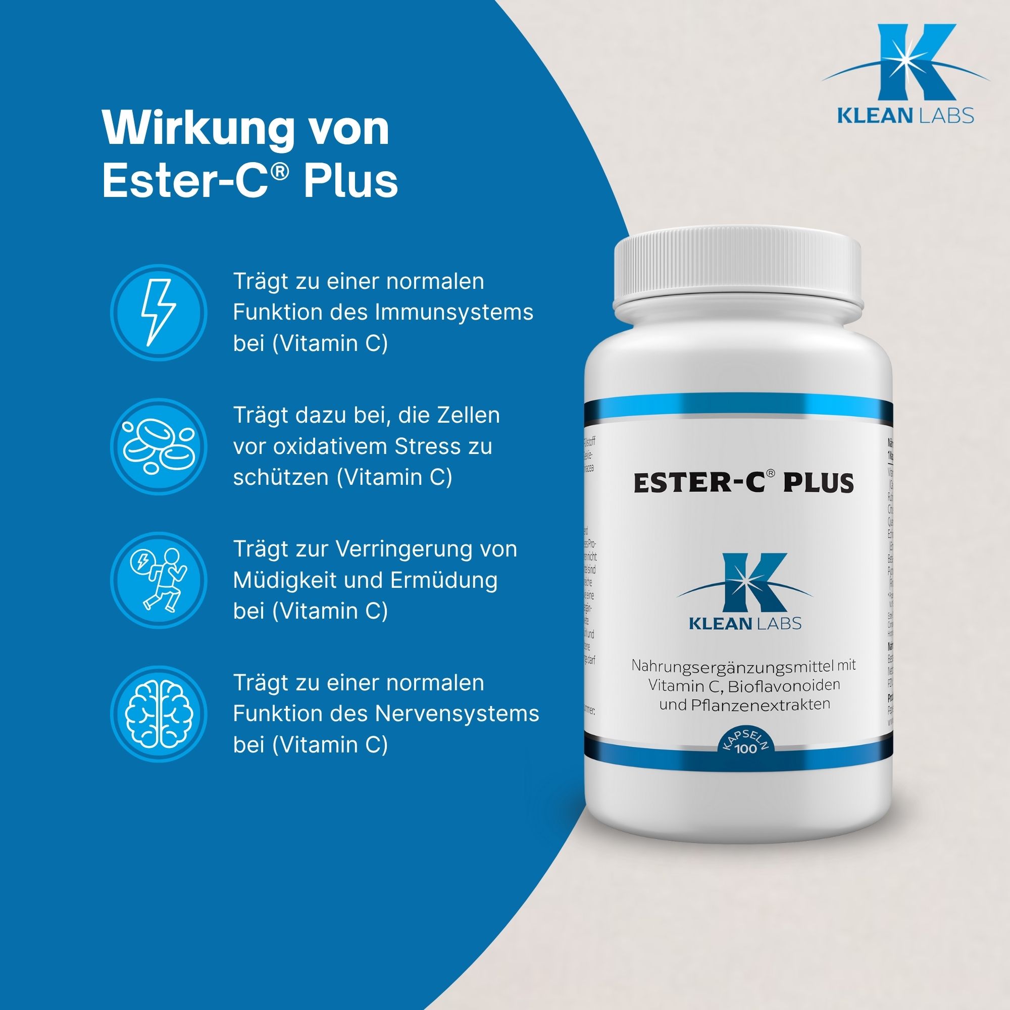 Weiße Flasche mit blauem Etikett. Text: ESTER-C PLUS, KLEAN LABS. Illustrationen: Immunsystem, Zellen, Müdigkeit, Nervensystem.
