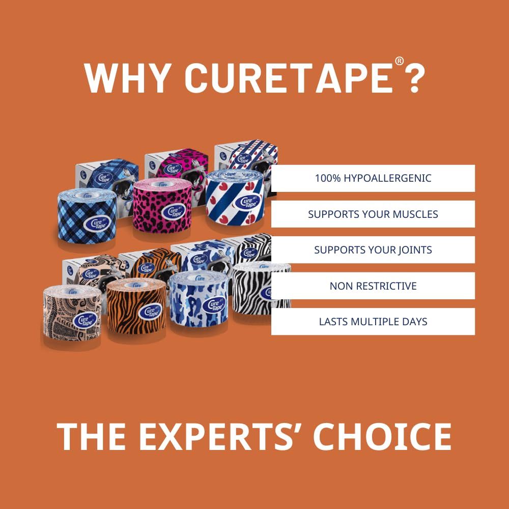 Verschiedene CureTape-Rollen. Muster: blau, pink, weiß, Tiger. Eigenschaften: hypoallergen, unterstützt Muskeln und Gelenke, nicht einschränkend, hält mehrere Tage.