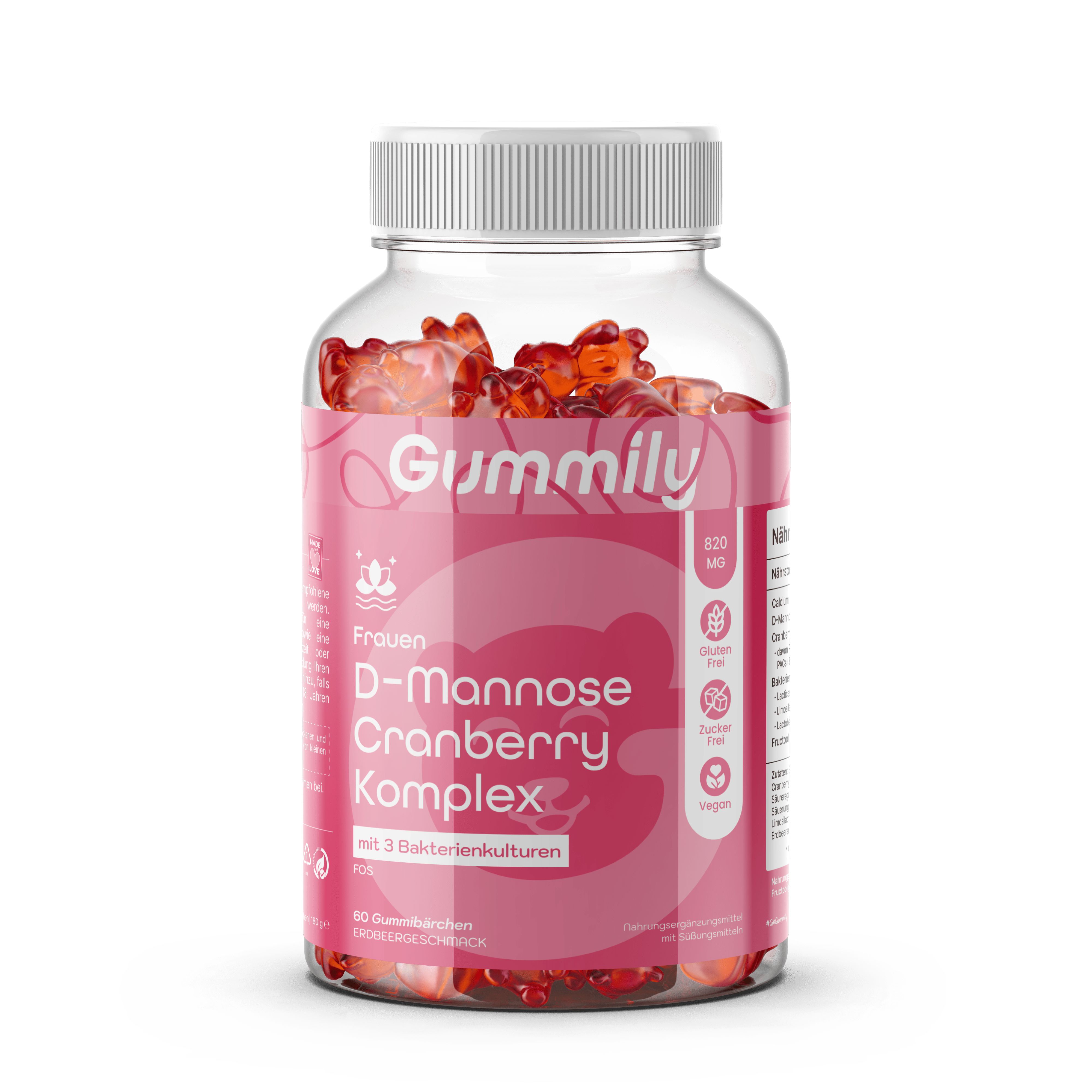 Gummily Frauen D-Mannose Cranberry Komplex Flasche mit Gummibärchen.