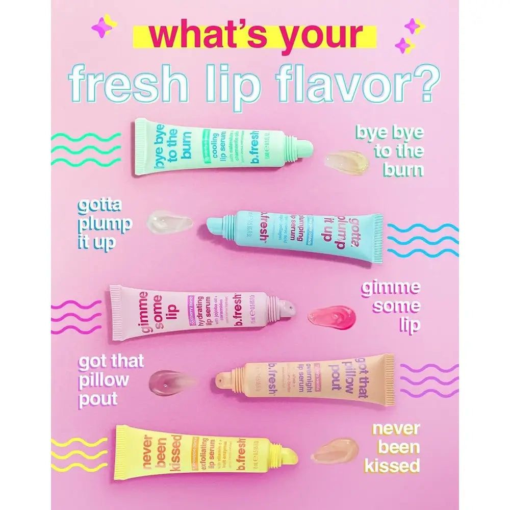 Vier b.fresh Lippenbalsam-Tuben in Mintgrün, Hellblau, Rosa und Gelb mit jeweils einem getupften Tropfen.