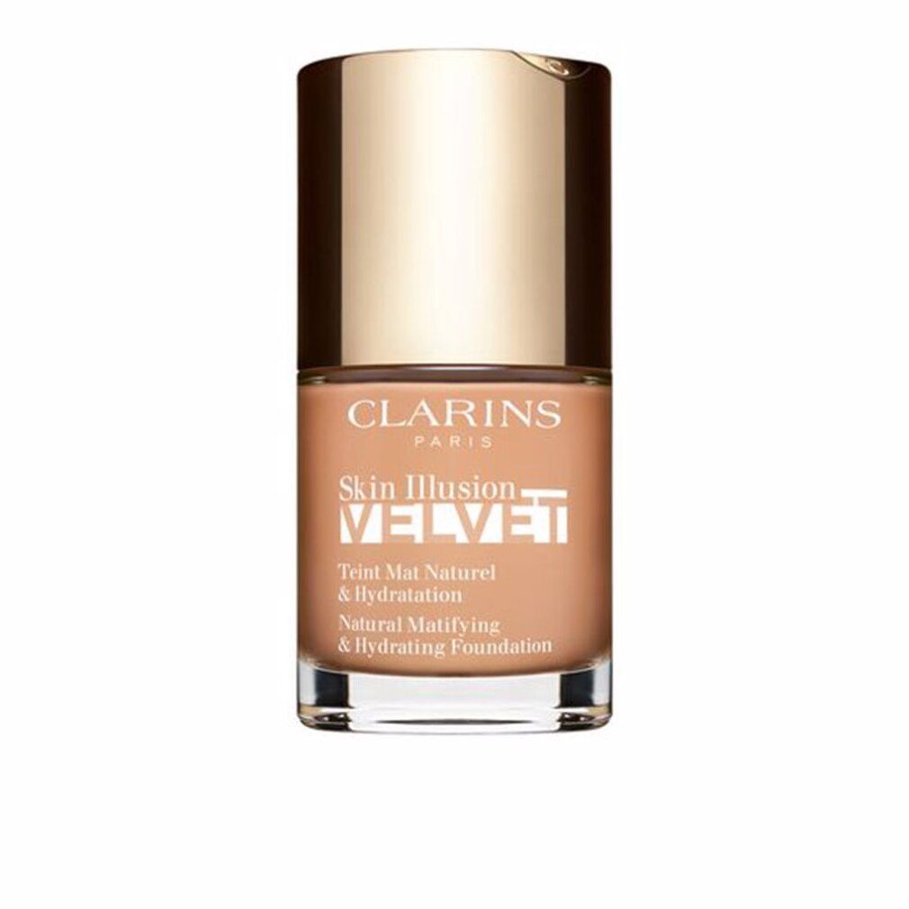 Clarins Skin Illusion Velvet Foundation. Flasche mit goldfarbenem Deckel. Text: Natural Mattifying & Hydrating Foundation.