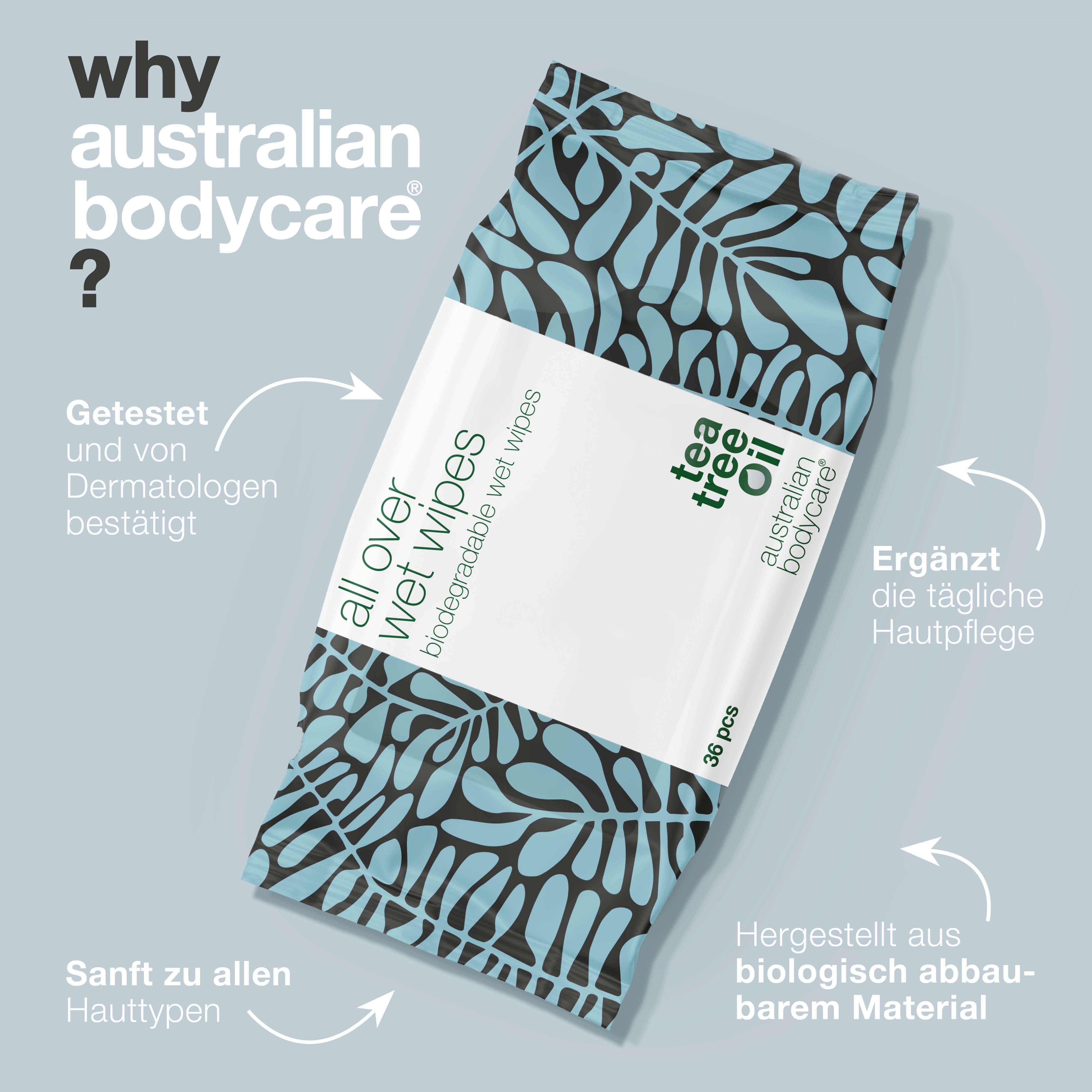 Packung Feuchttücher mit Teebaumöl. Text: all over wet wipes. Text: Australian Bodycare. Text: Why Australian Bodycare?