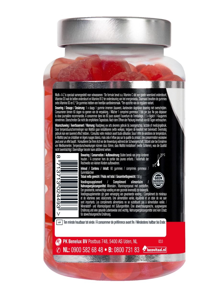 Rückseite einer Flasche mit roten Gummibärchen. Enthält Informationen zu Inhaltsstoffen, Nährwerten und Allergenen. Marke nicht sichtbar.
