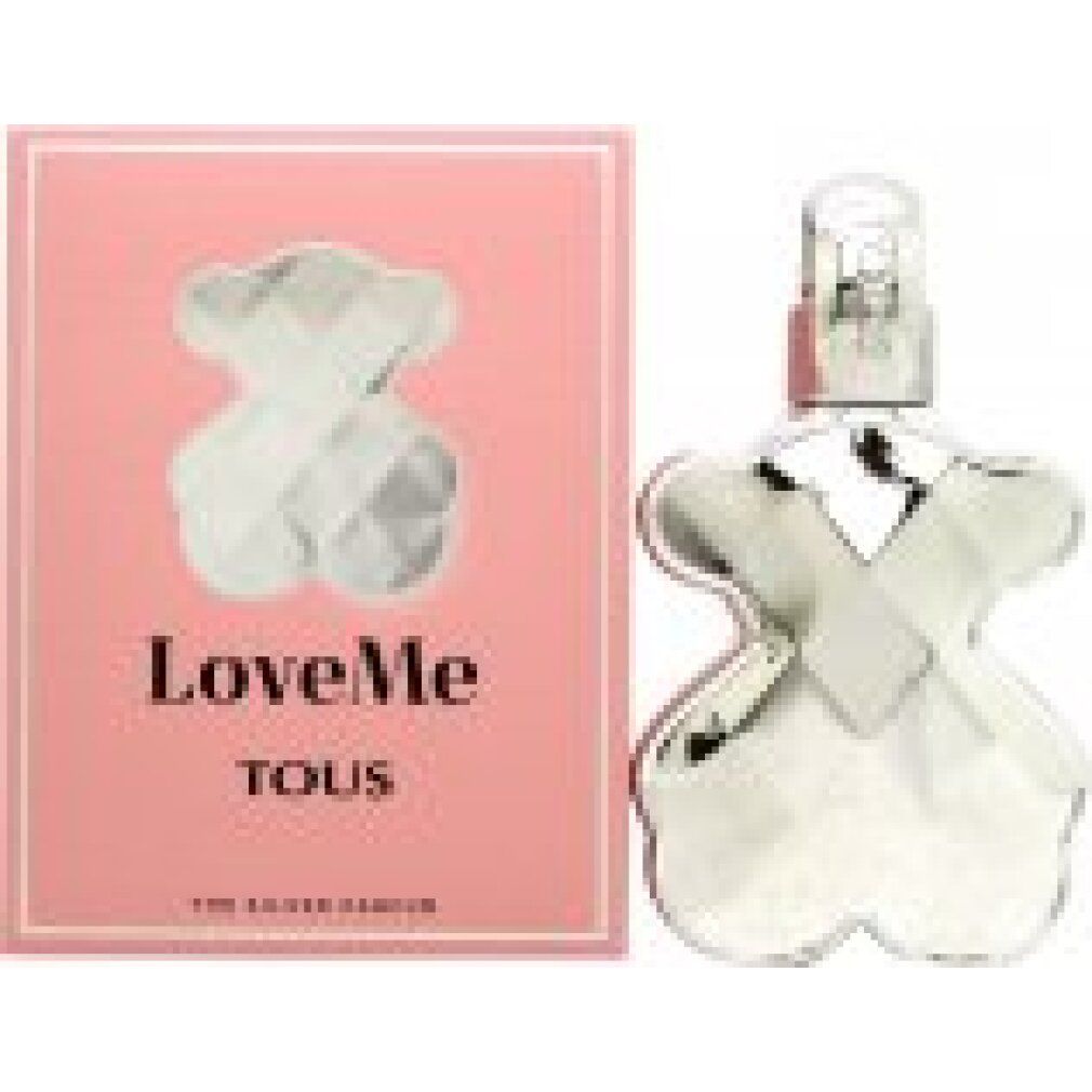 Rosa Verpackung und silberfarbener Flakon in Bärenform. Auf der Verpackung steht "LoveMe" und "TOUS".