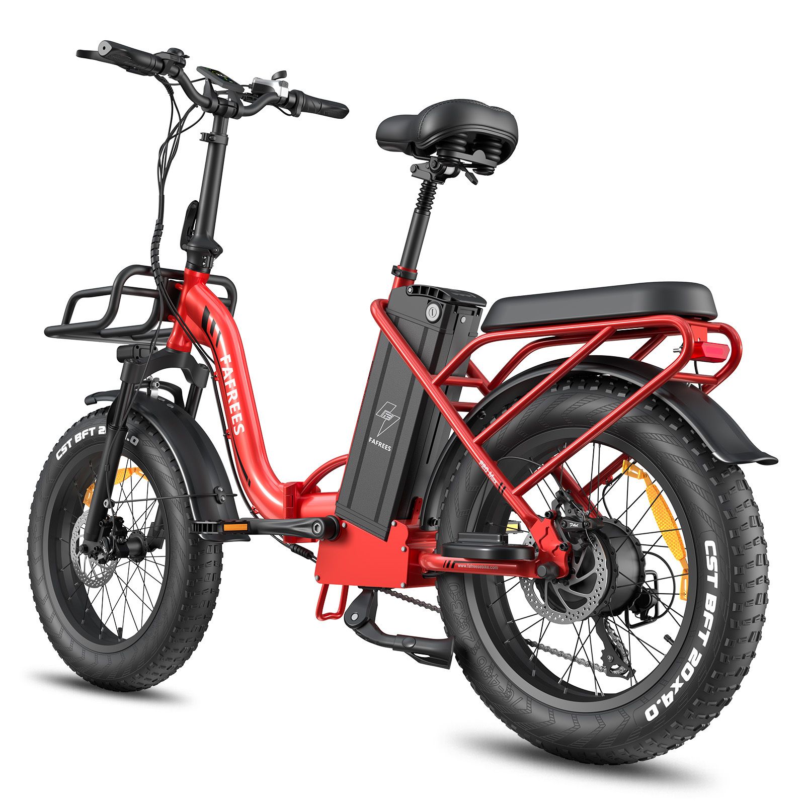 Rotes Falt-E-Bike mit schwarzem Korb, Reifen und Sattel. FAFREES-Logo sichtbar. Mit Akku und LCD-Display.