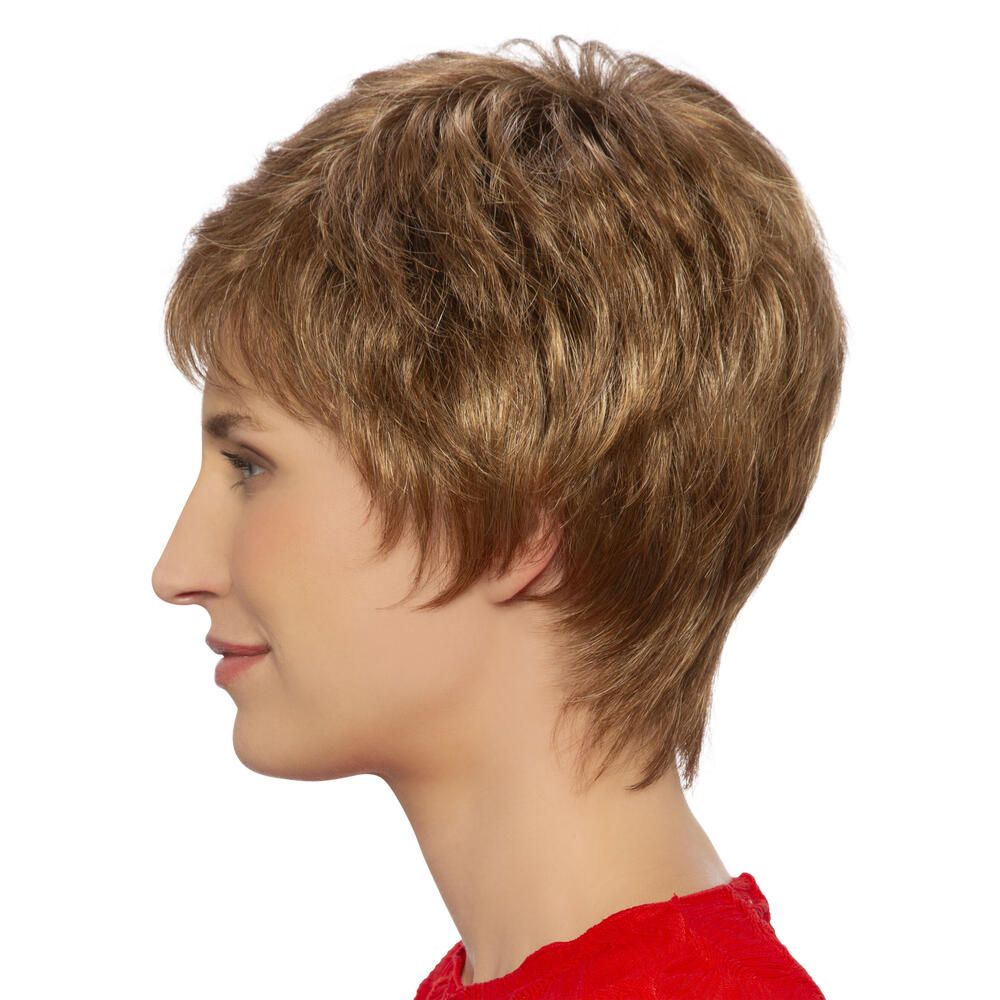 Kurzhaarperücke, braun-blond, mit Pony. Seitenansicht einer Frau.