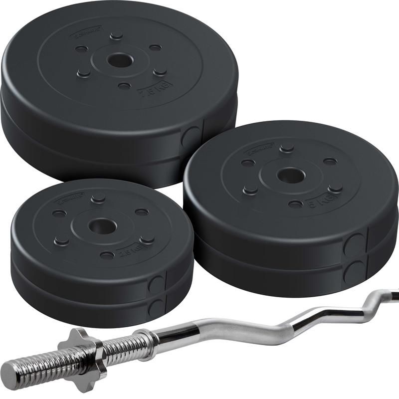 Gewichtsscheiben und Curlstange. Drei schwarze Kunststoffscheiben mit Loch. Stange aus Metall. Scheiben mit Gewichtsangabe.