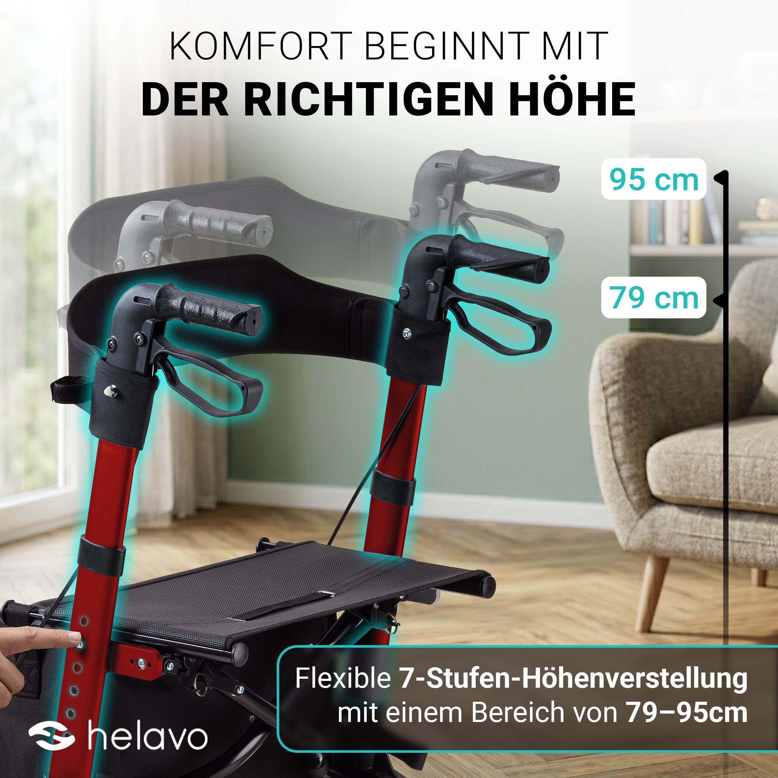 Helavo Aluminium Rollator faltbar mit Sitzfläche und Reisetasche leicht 8,3kg