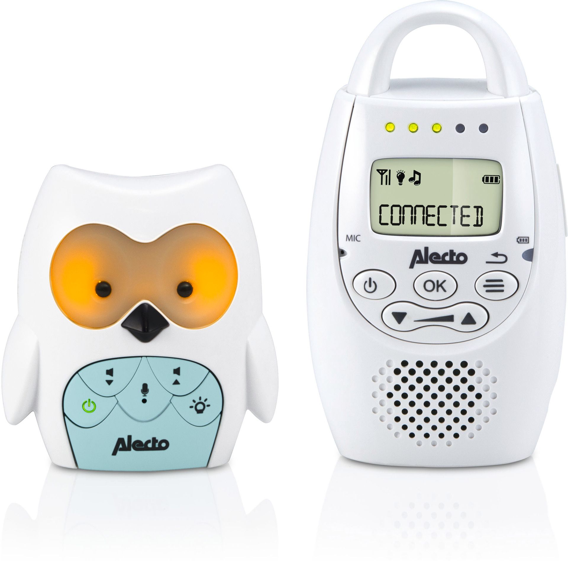 Babyphone-Set, bestehend aus Eule und Empfänger. Eule weiß-mintgrün mit Bedienfeld. Empfänger weiß mit Display und Tasten. Alecto.