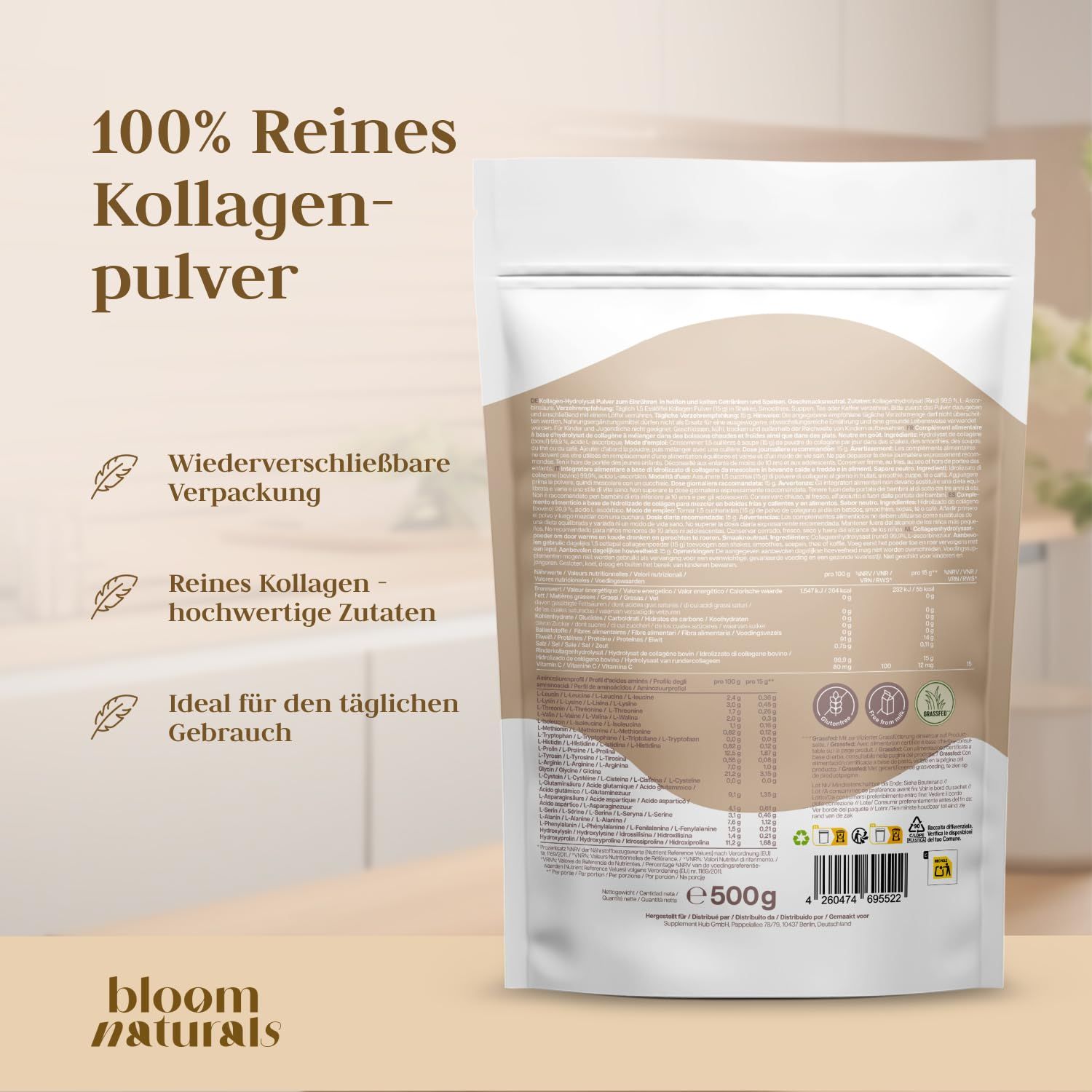 Rückseite des Bloom Naturals Kollagen Pulver Beutels, 500g, "100% Reines Kollagen-Pulver".