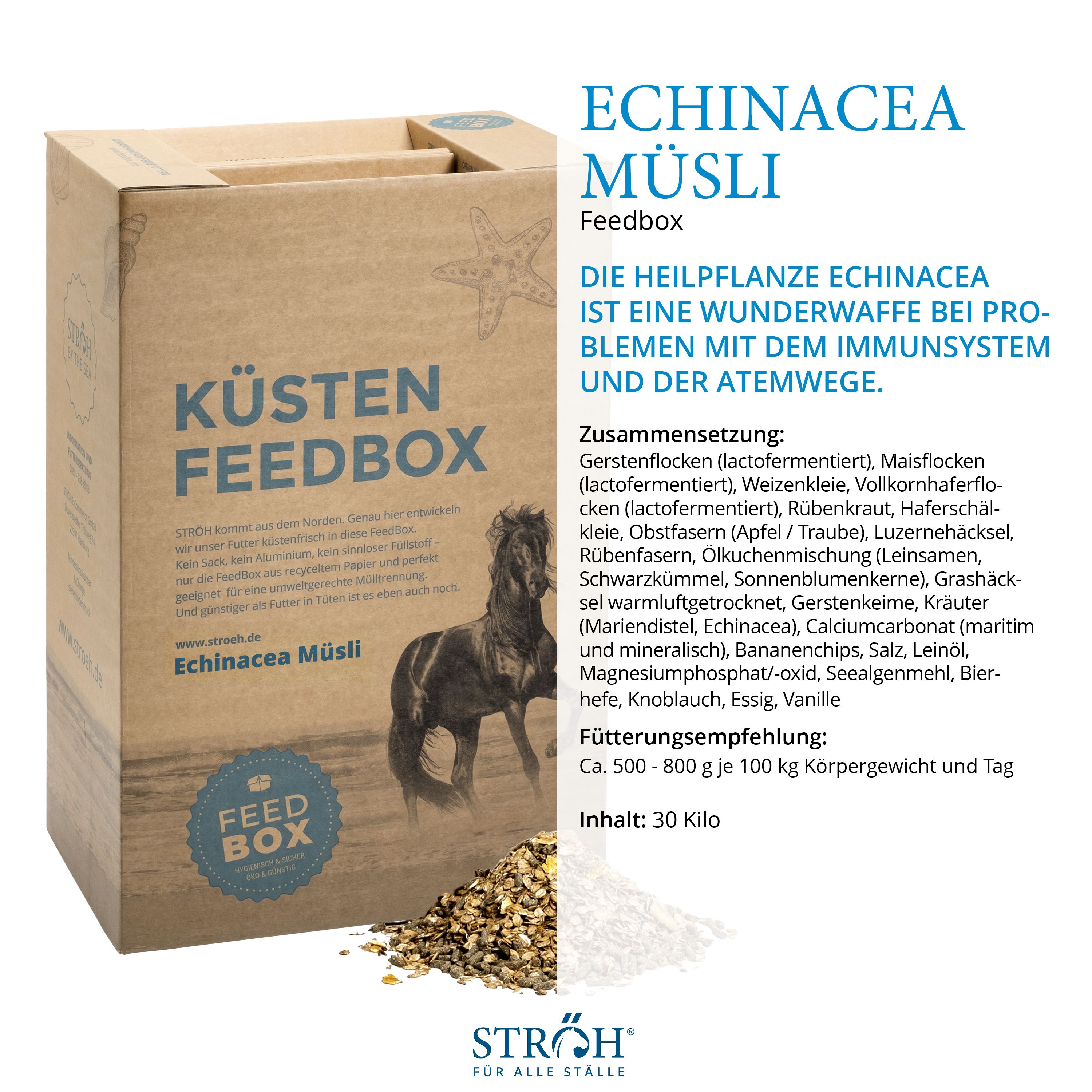 Karton Küsten Feedbox mit Echinacea Müsli. Zutatenliste und Fütterungsempfehlung. Text: Echinacea Müsli, 30 Kilo, Stroh.