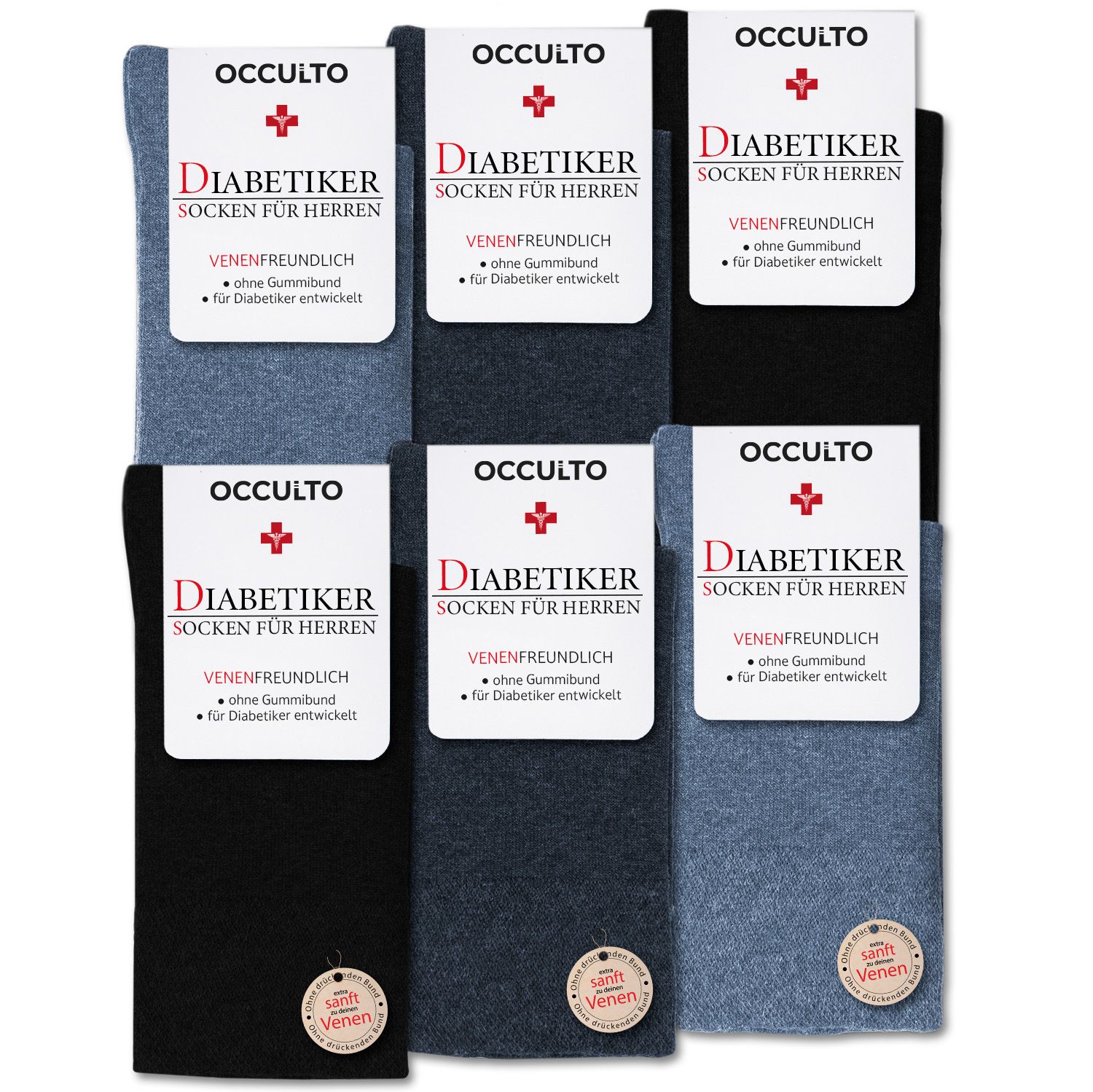 Sechs Paar Diabetikersocken für Herren, verschiedene Farben, mit Etiketten. Marke Occulto, Modell Oliver. Ohne Naht, ohne Gummibund.