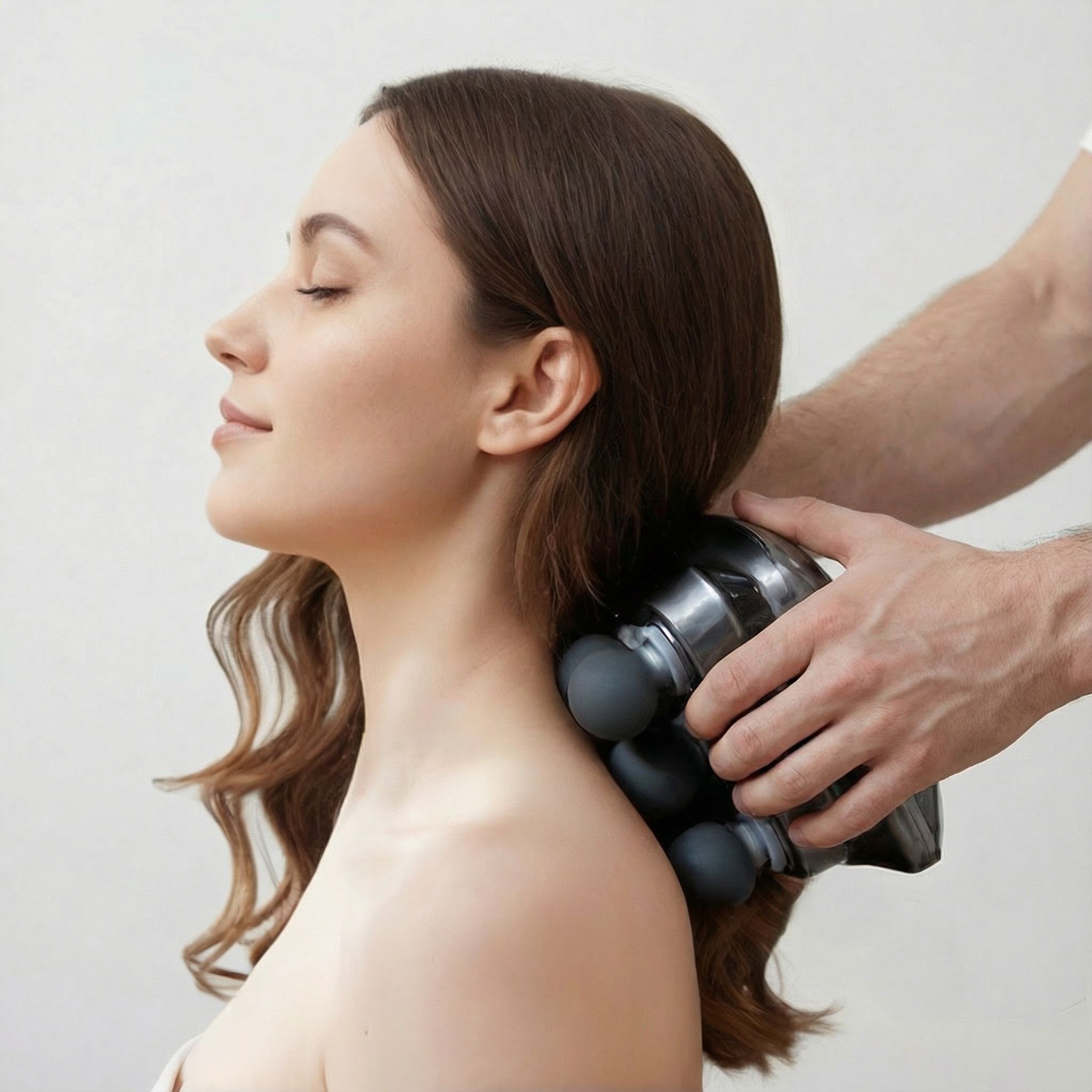 Person massiert Nacken einer Frau mit Massagegerät. Gerät grau, mit Kugeln. Frau mit geschlossenen Augen.