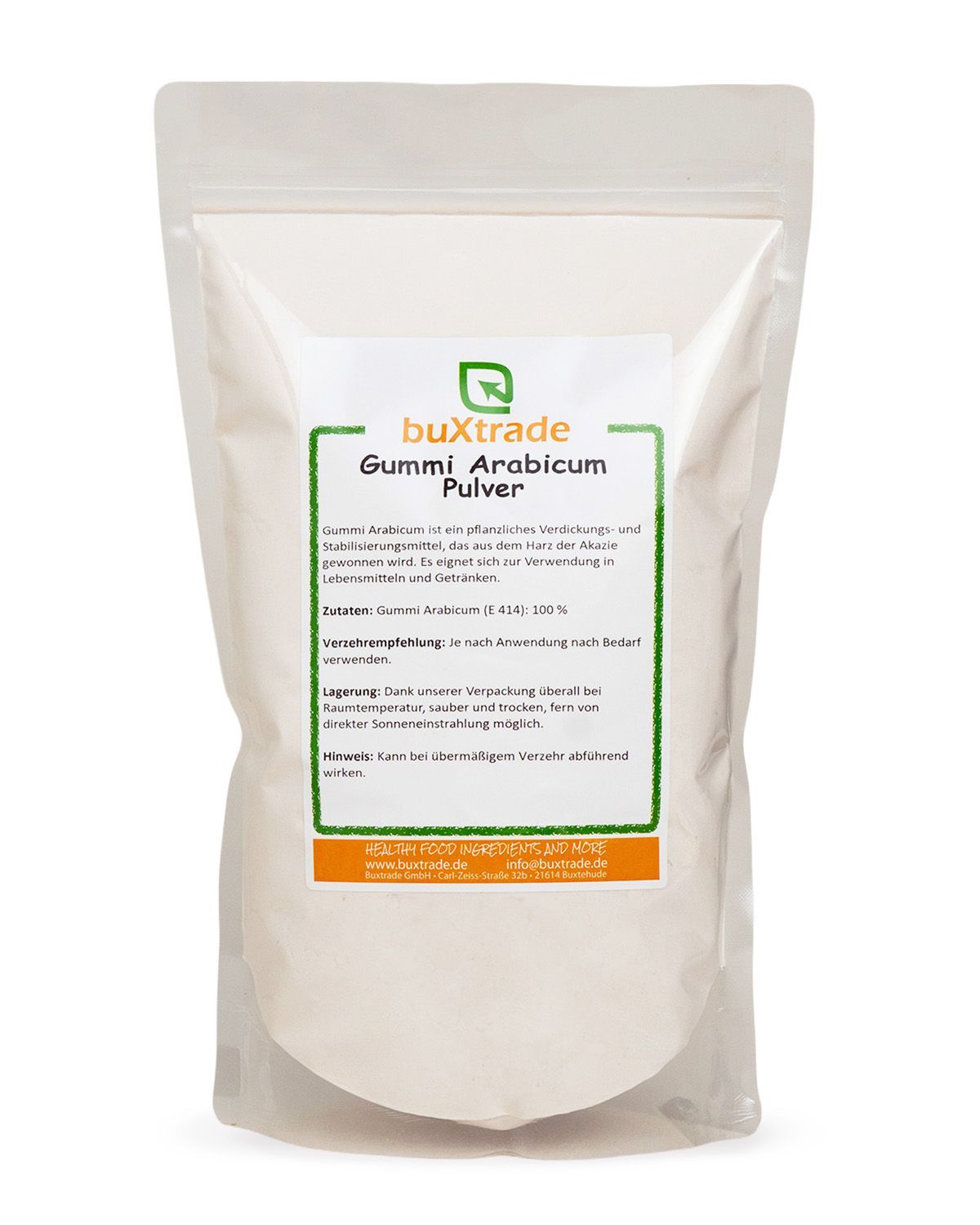 Buxtrade Gummi Arabicum Pulver in einem Standbodenbeutel mit Etikett.