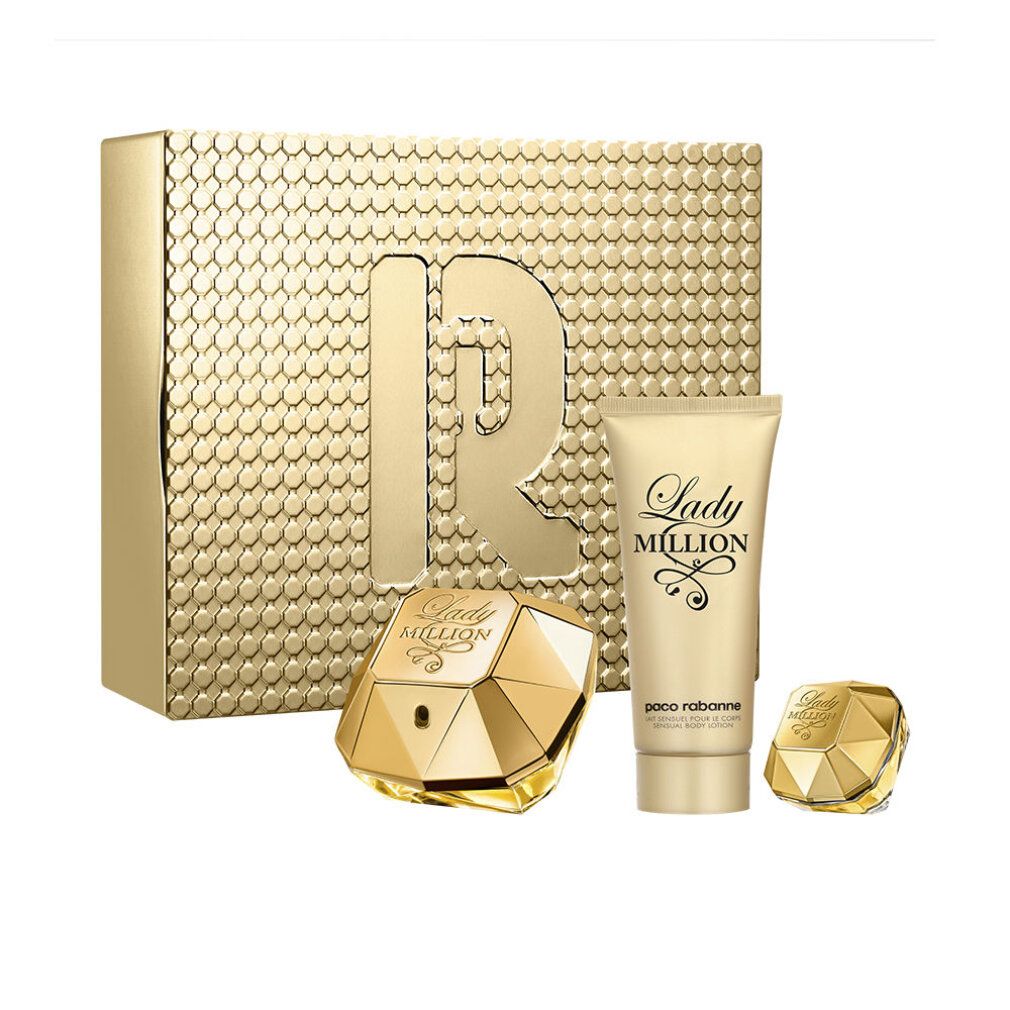 Goldfarbenes Geschenkset "Lady Million" von Paco Rabanne. Enthält Parfum, Körperlotion und Miniatur. Auf der Verpackung steht "R".
