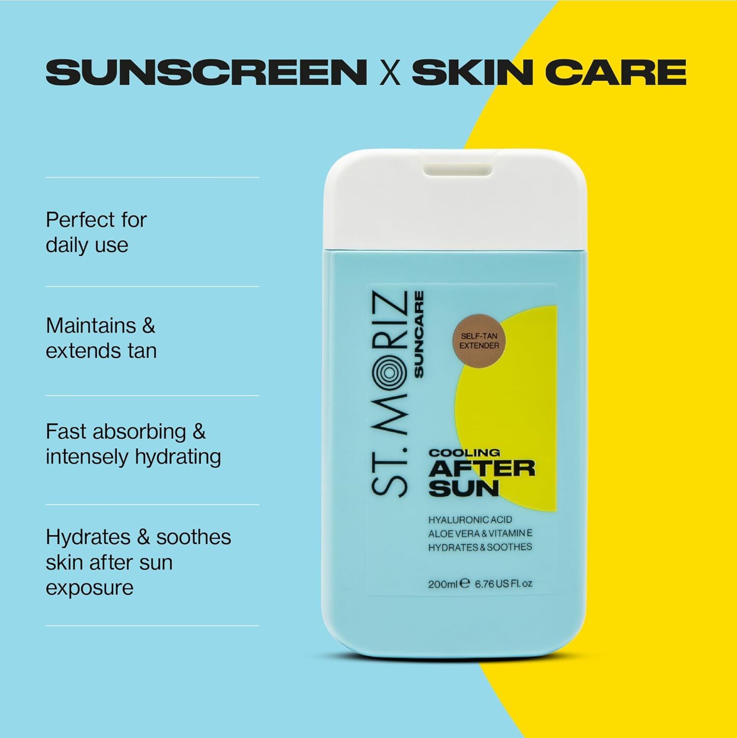 Blau-weißes ST. MORIZ After Sun Gel. Text: Cooling After Sun, Hyaluronsäure, Aloe Vera & Vitamine. 200ml. Mit Self Tan Extender. Text: Sunscreen x Skin Care.