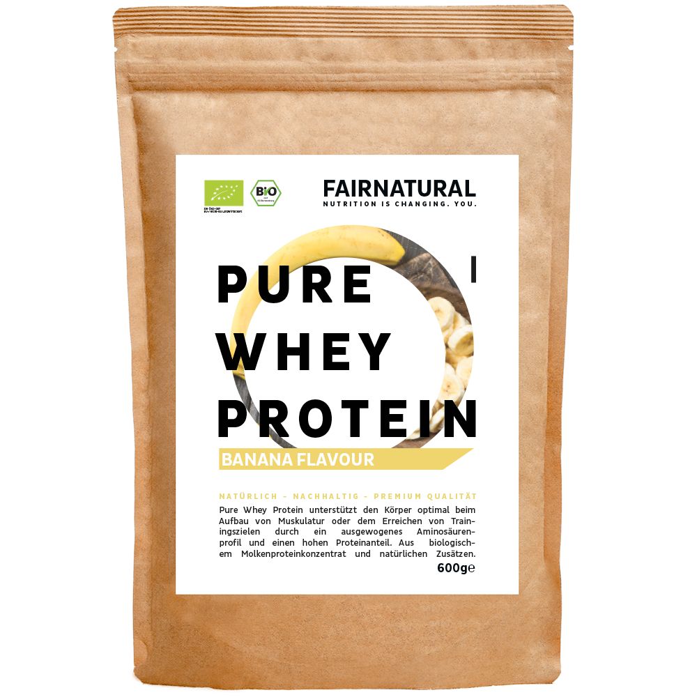 Beutel mit Pure Whey Protein, Bananengeschmack. Text: 600g, Informationen zur optimalen Aufnahme, Aminosäurenprofil, biologisch, 600g.