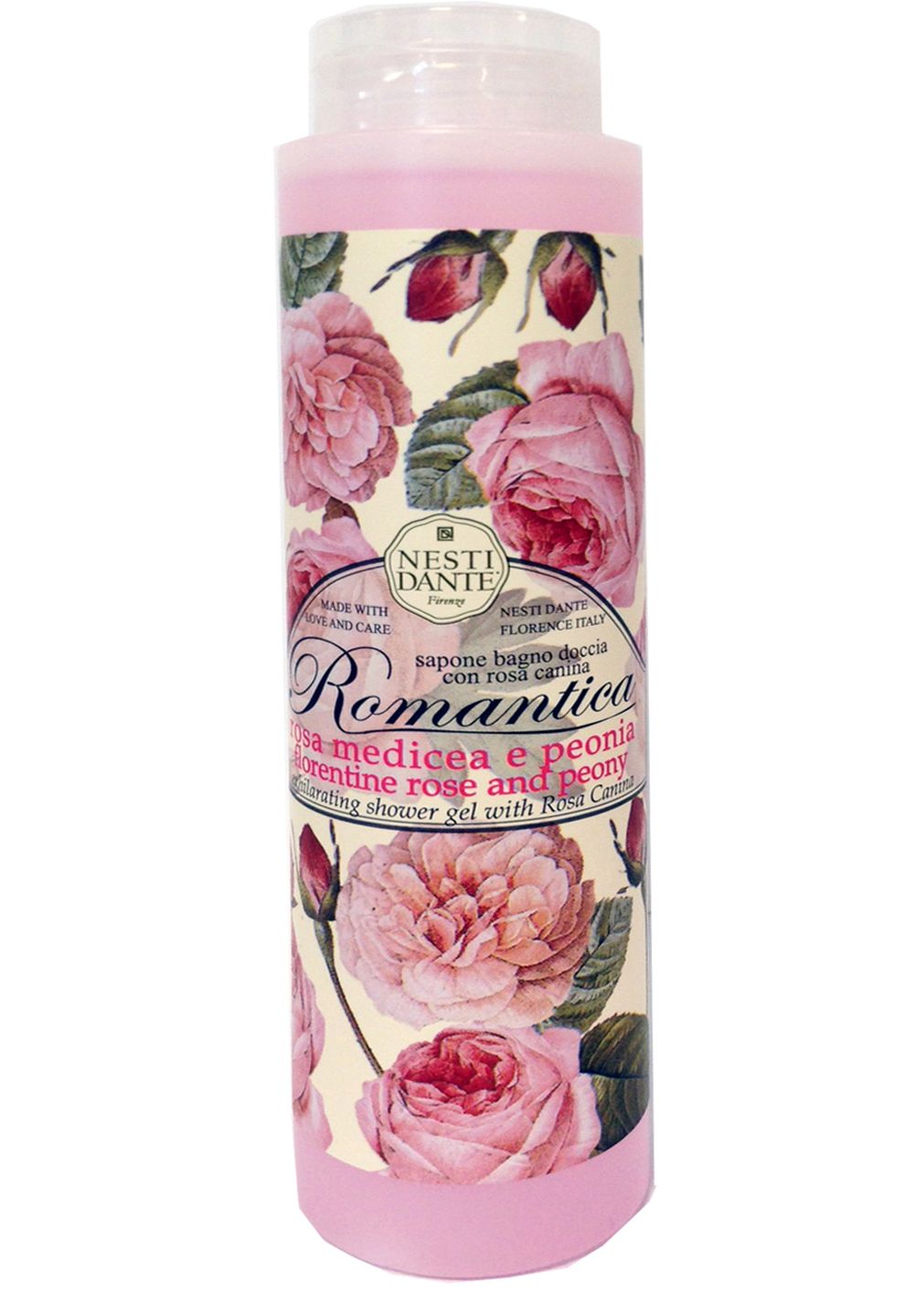 Rosa-Duschgel-Flasche mit floralem Design. Aufschrift: Romantica, Florentine Rose & Peony. Marke: Nesti Dante.