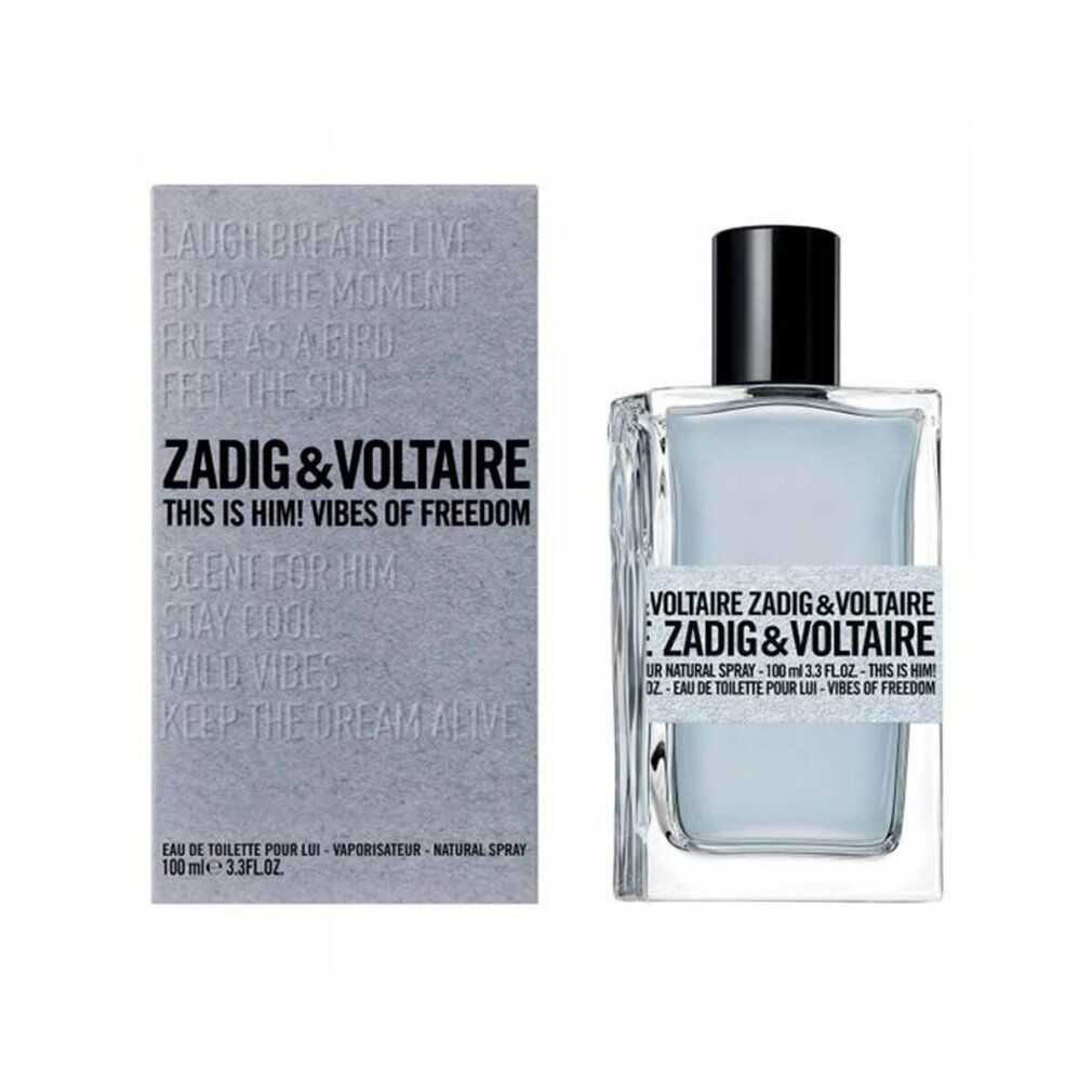 Zadig & Voltaire Duftflakon mit blauer Flüssigkeit. Rechteckig, mit schwarzem Verschluss. Karton mit Text.