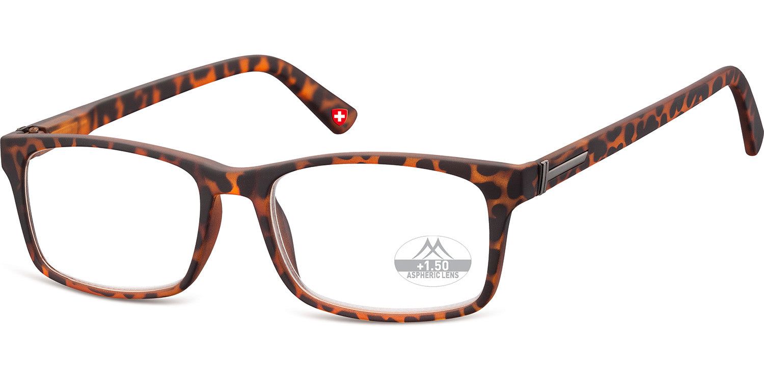 Brille mit braunem Rahmen und rechteckigen Gläsern. Auf einem Glas ist "+1.50" und ein Logo abgebildet. Am Bügel ein rotes Kreuz.