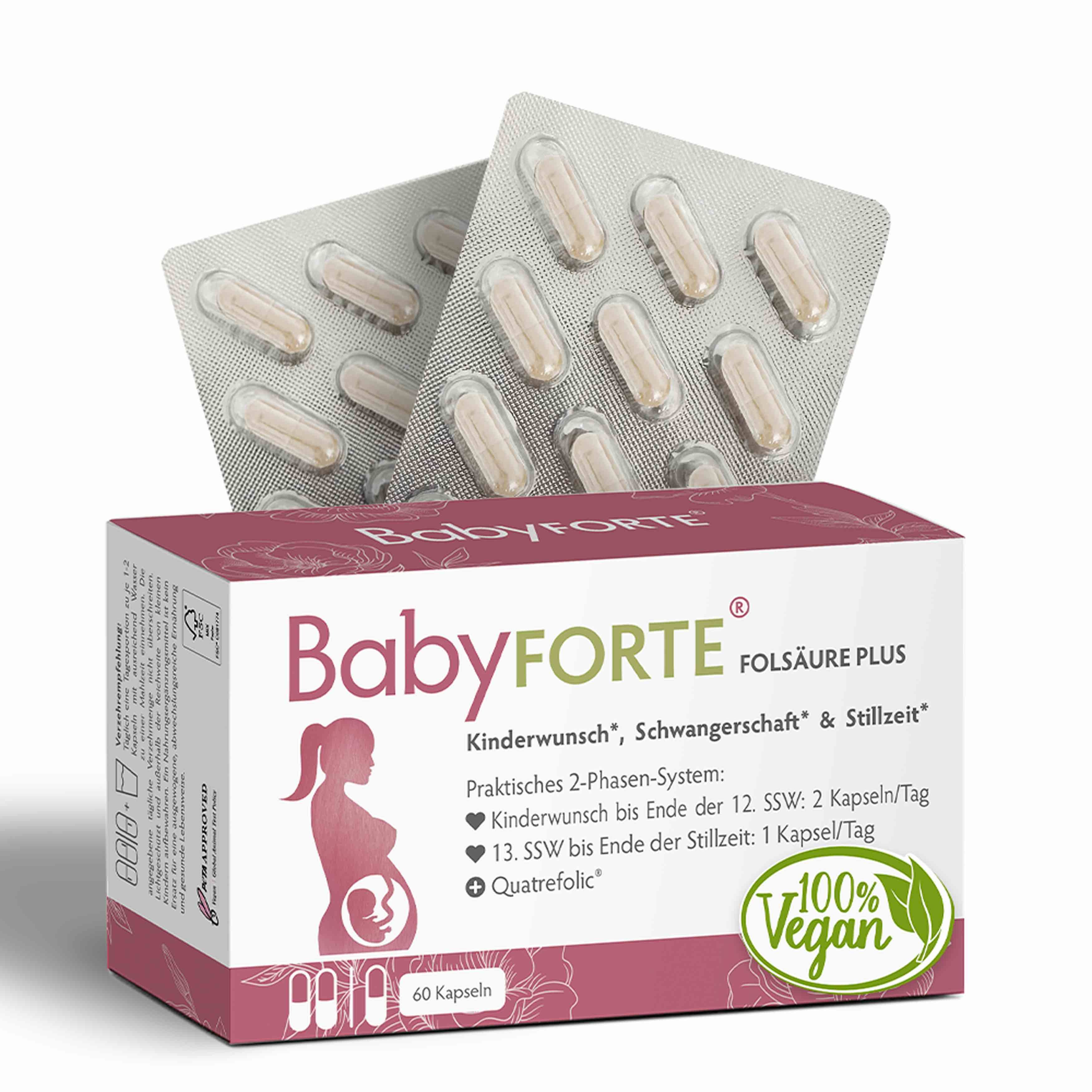 BabyFORTE Folsäure Plus-Packung mit 60 Kapseln. Text: Kinderwunsch, Schwangerschaft & Stillzeit. 100% vegan. 2-Phasen-System.
