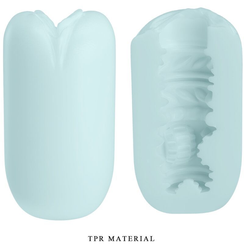 Hellblaues Masturbationsspielzeug, zwei Ansichten. Links: Außenseite. Rechts: Innenseite mit Rippenstruktur.