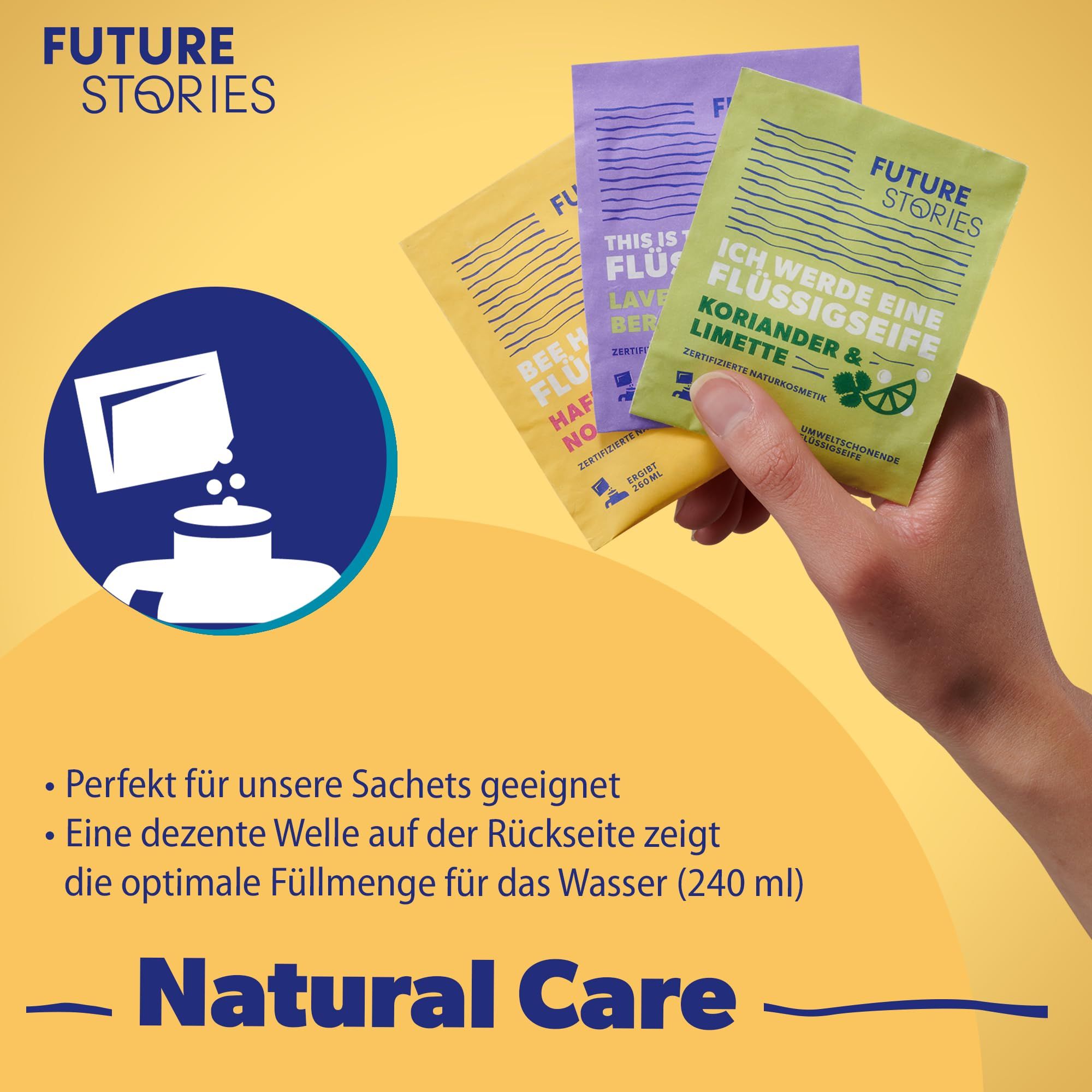 Drei Beutel mit Flüssigseife. Aufschrift: "Future Stories".