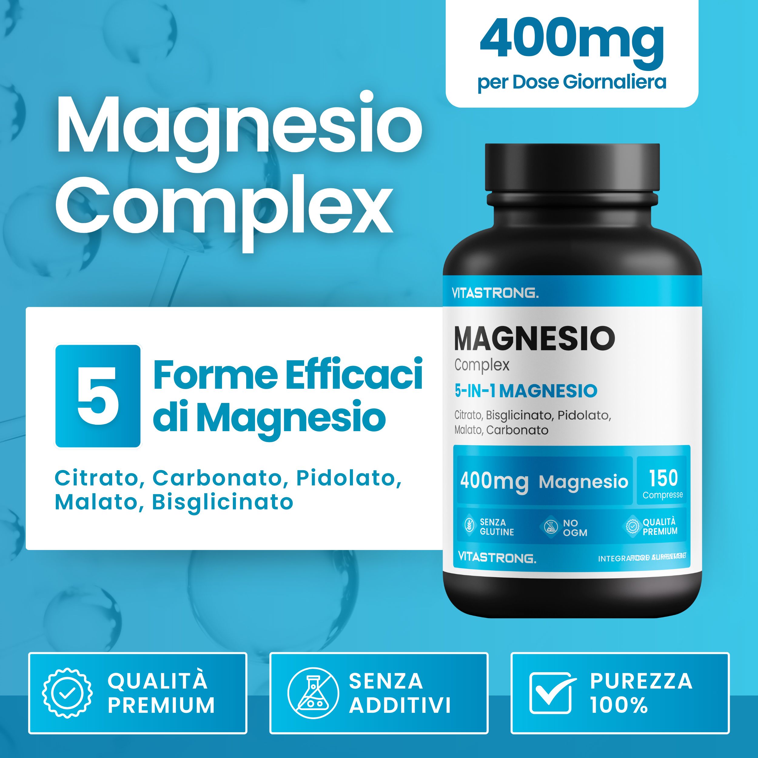 Vitastrong Magnesium Complex. Flacone nero con 150 compresse. 400mg magnesio per dose. Senza additivi.