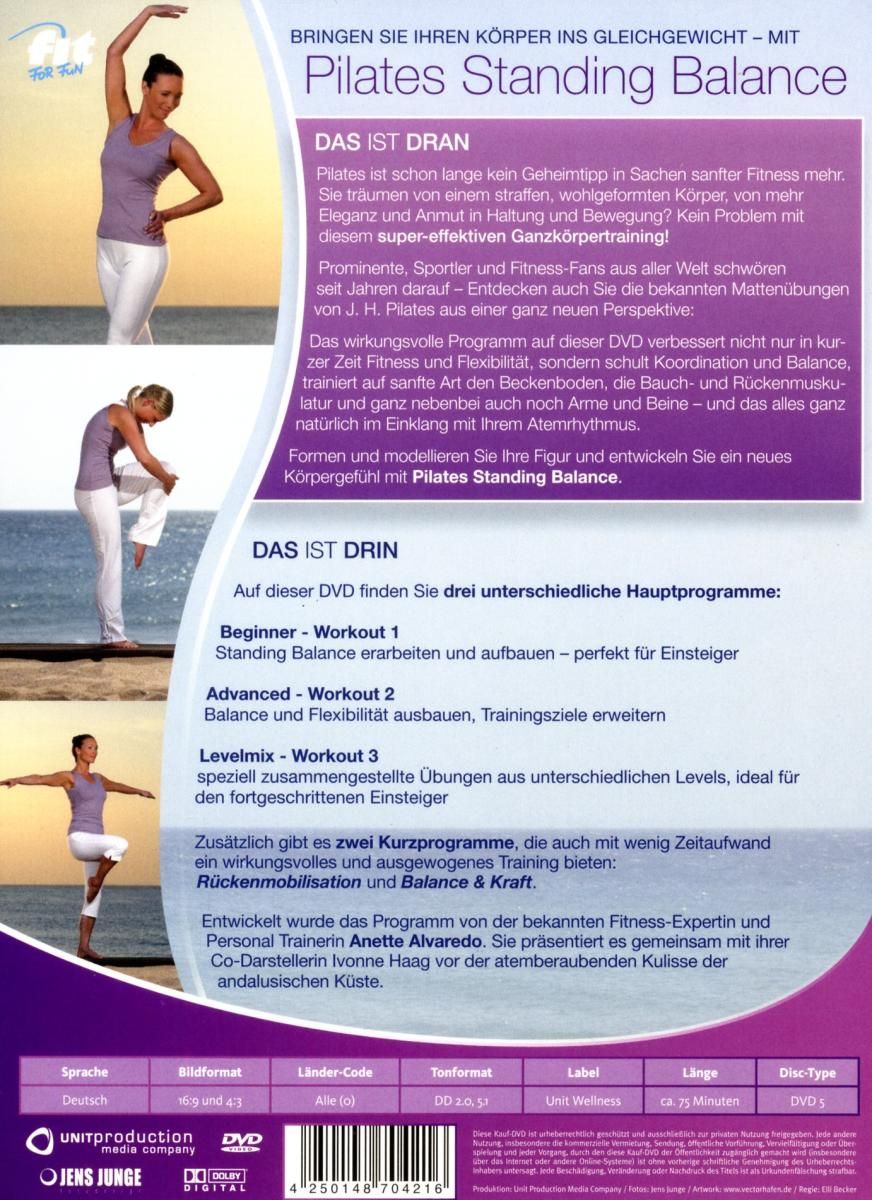 Rückseite der DVD "Fit For Fun Pilates Standing Balance". Text und Bilder von Übungen.