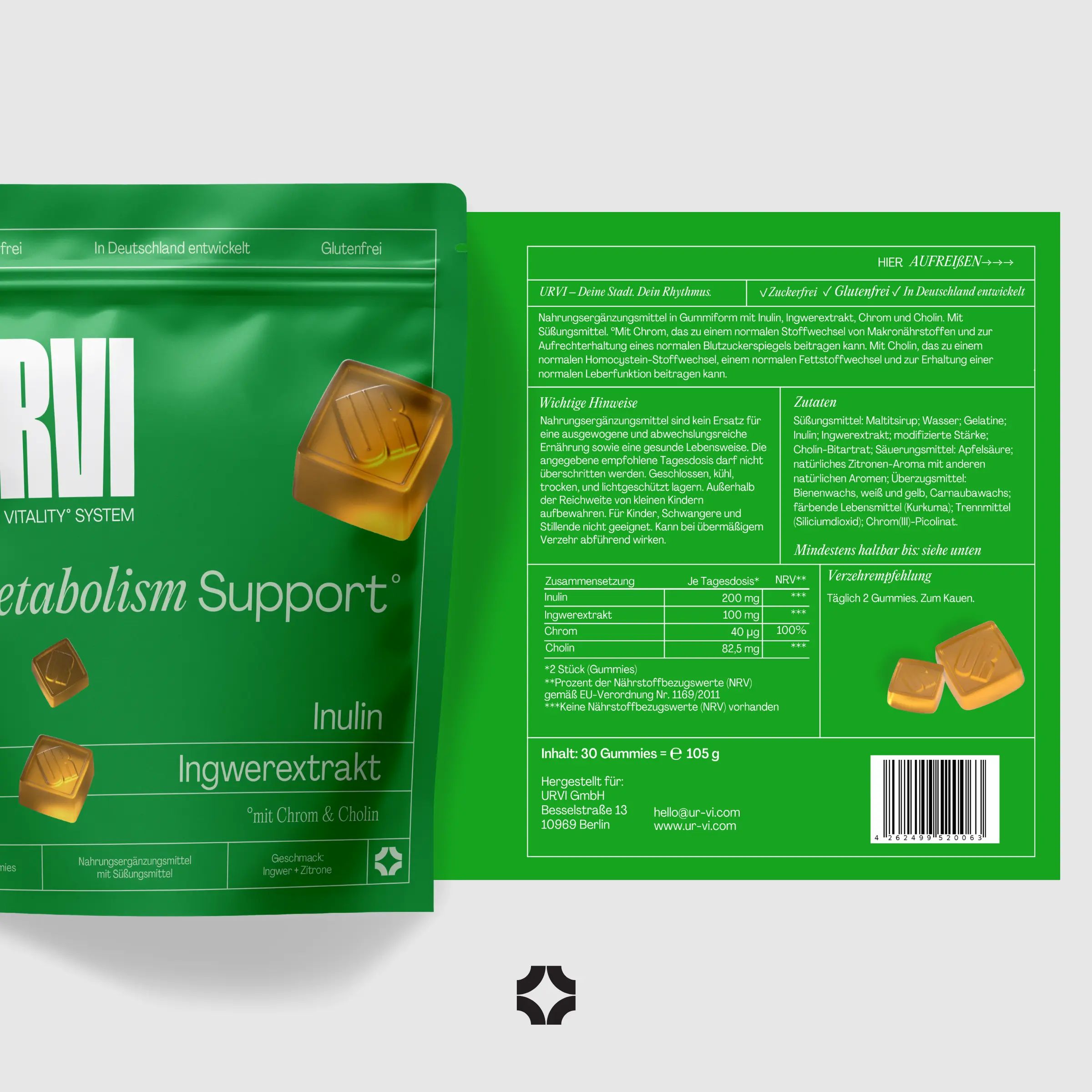 Grüne Verpackung mit Logo URVI® und Produktnamen Metabolism Support. Rückseite mit Informationen und Gummibärchen.