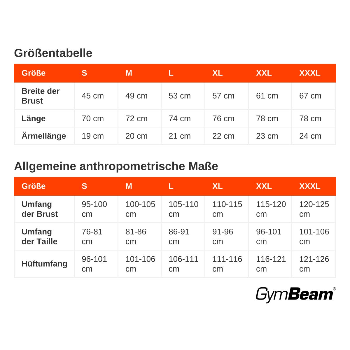 Größentabelle mit Brust-, Längen- und Ärmelmaßen sowie anthropometrischen Maßen für verschiedene Größen.