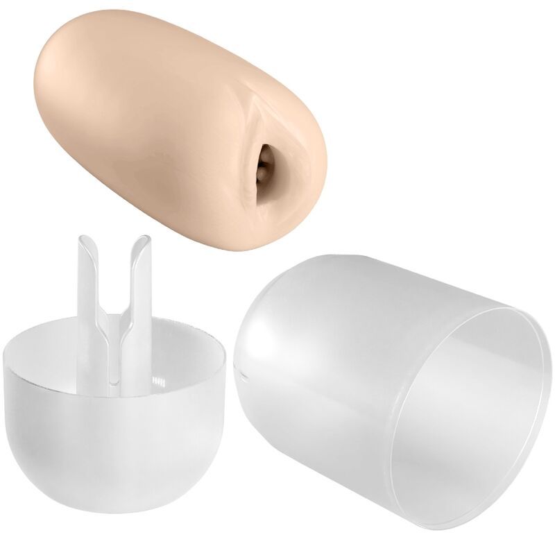 Beige Masturbator mit Öffnung, zerlegt in drei Teile. Enthält eine Innenstruktur und eine transparente Hülle.