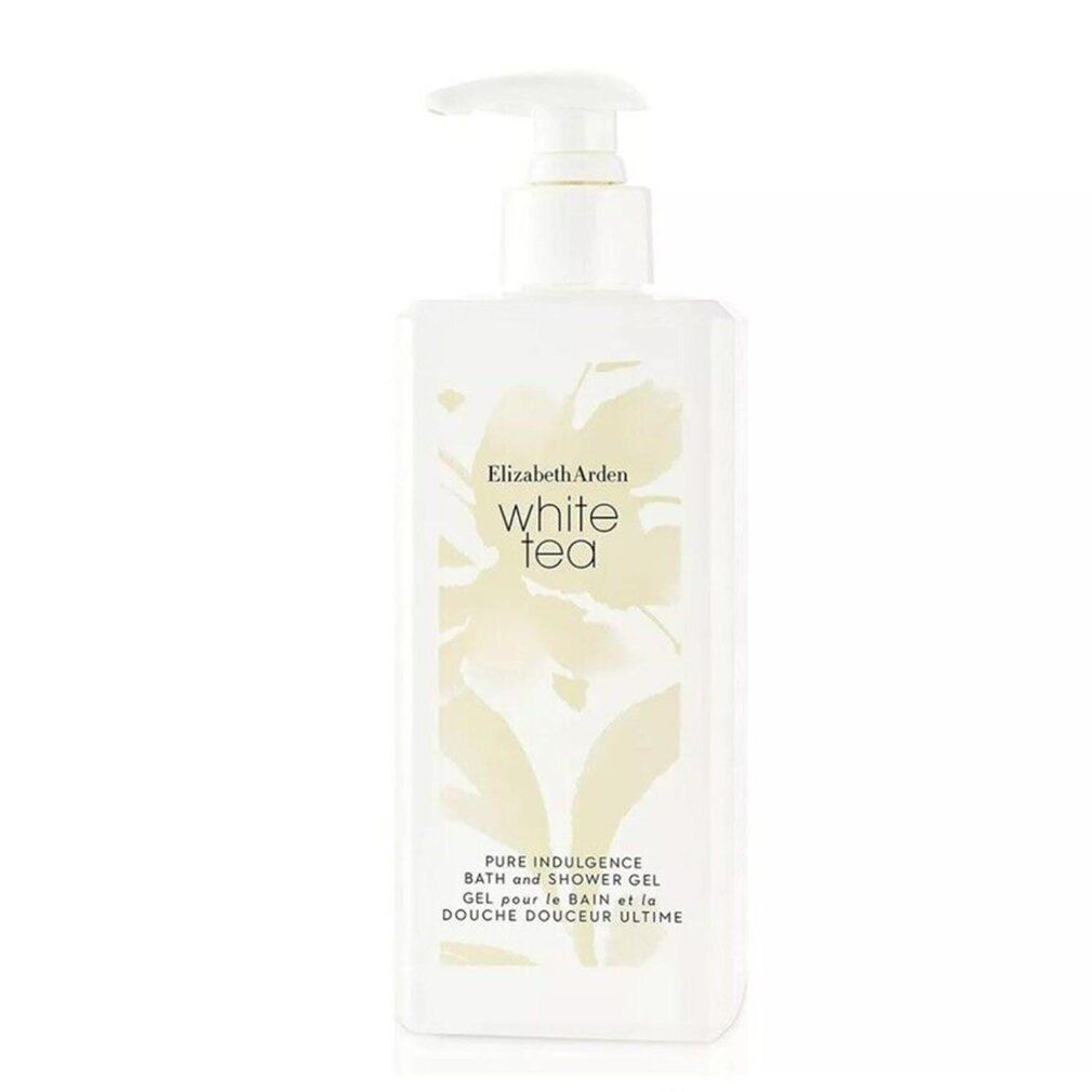Weißes Duschgel mit Pumpverschluss. Aufschrift: Elizabeth Arden White Tea. 13 Fl.oz. 390ml.