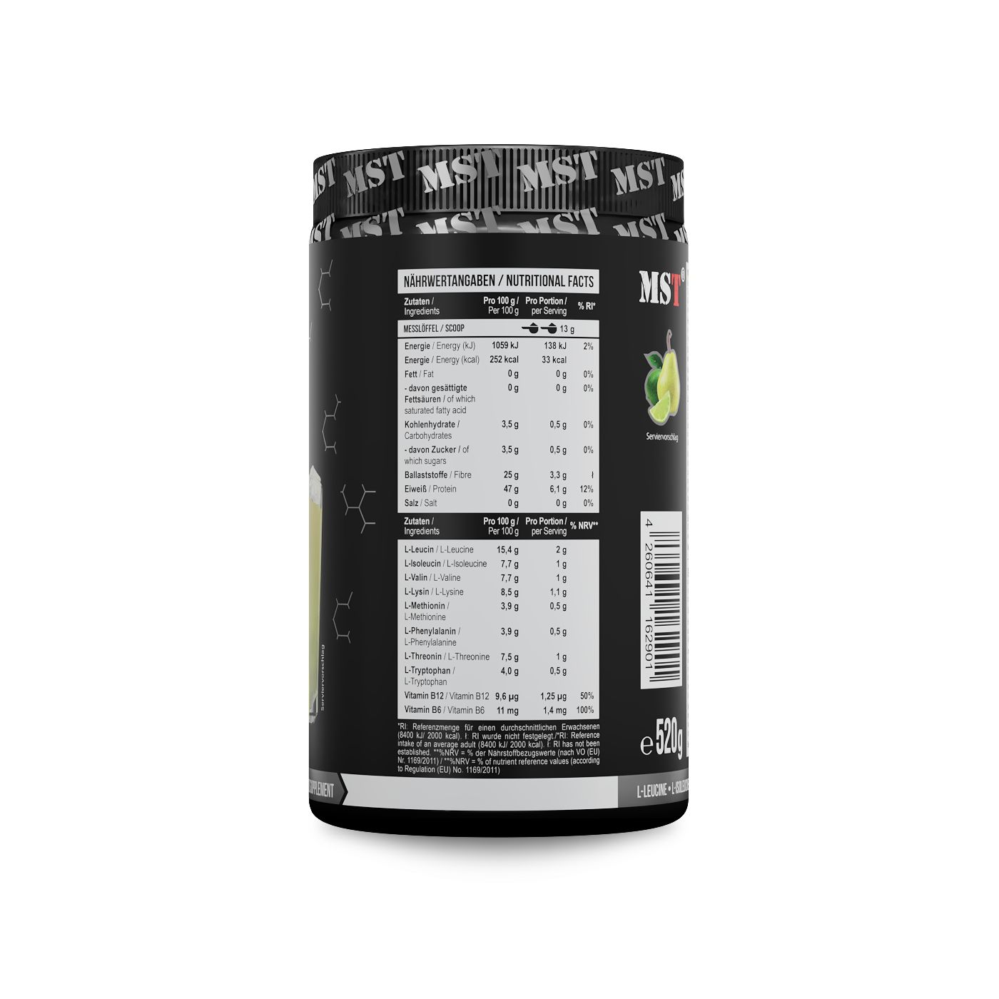Schwarzer Behälter mit Nährwertangaben und Aminosäureprofil für MST BCAA & EAA, 520g.