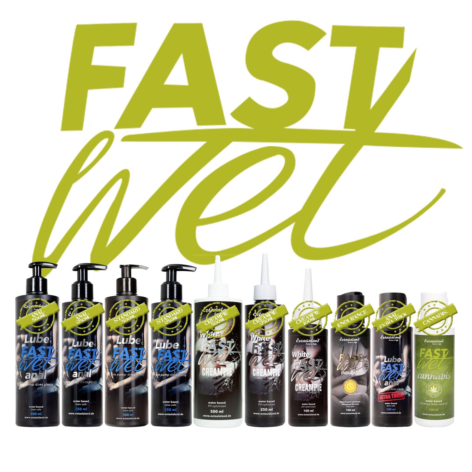 Reihe von Produktflaschen. Aufschrift: Fast Wet. Verschiedene Varianten.