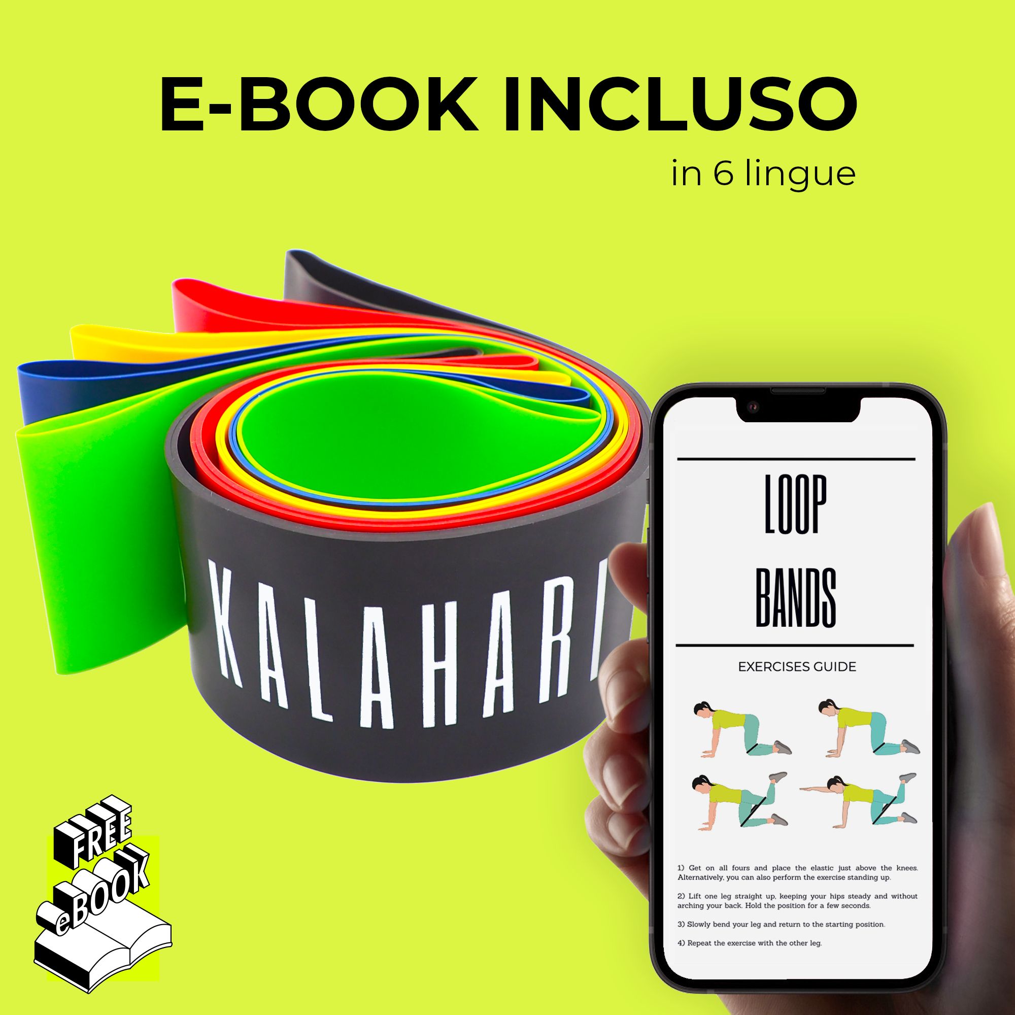 KALAHARI Fitness-Widerstandsbänder und ein Smartphone mit E-Book-Übungsanleitung.
