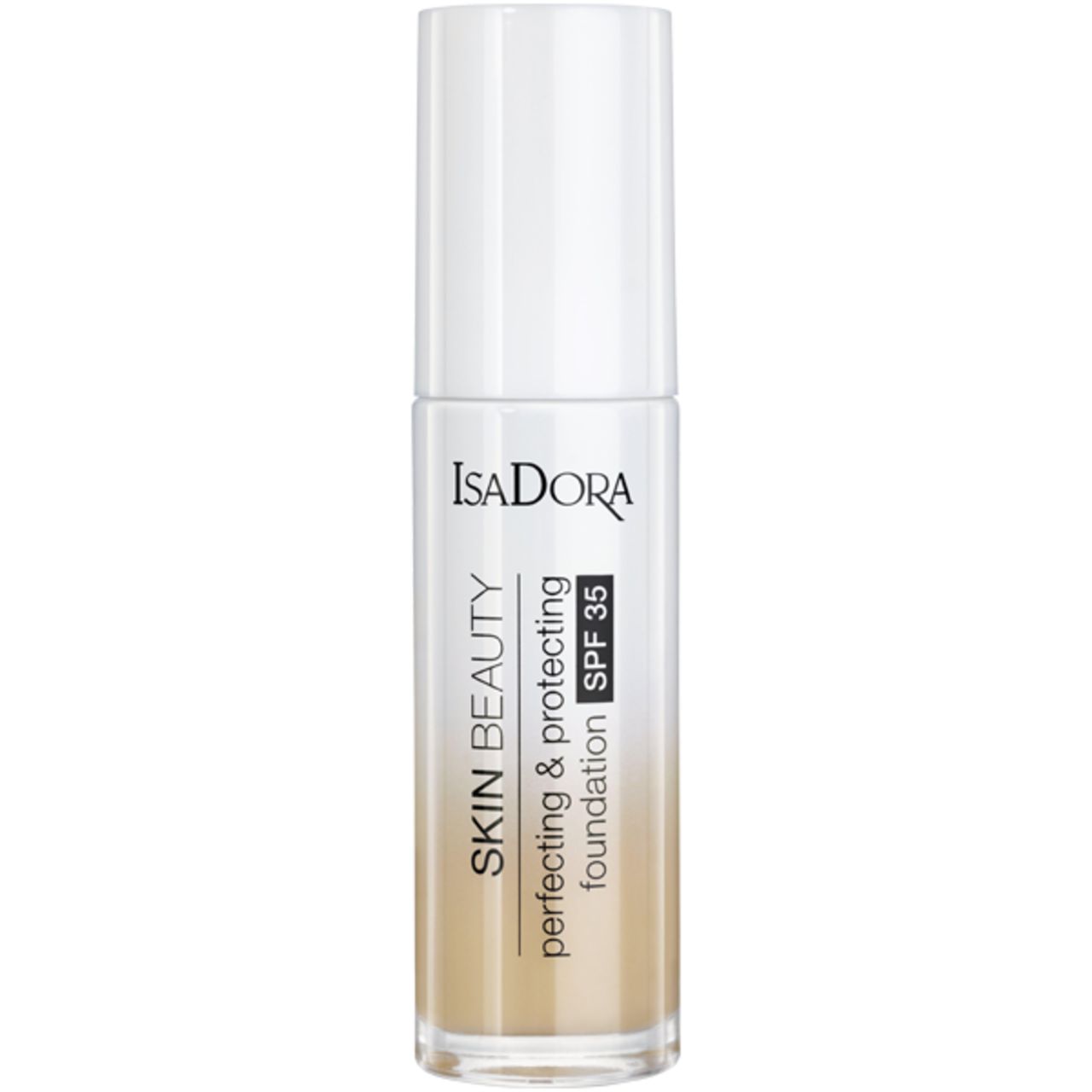 IsaDora Skin Beauty Foundation. Flasche mit weißem Deckel. Aufschrift: Skin Beauty, Perfecting & Protecting, SPF 35.