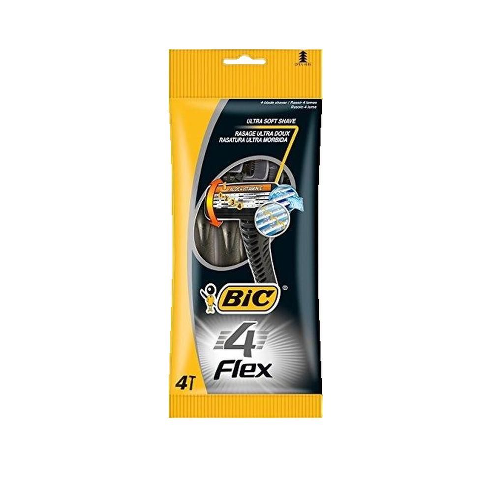 Verpackung mit Rasierern. Aufschrift: BIC 4 Flex. Gelb-schwarze Verpackung mit Abbildung eines Rasierers.