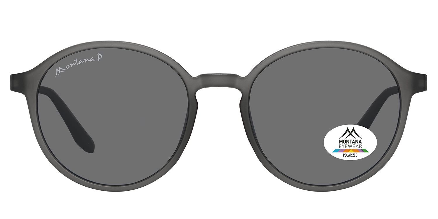 Runde Sonnenbrille, grau. Montana Eyewear Logo am Bügel. Polarisiert-Aufkleber auf dem Glas.