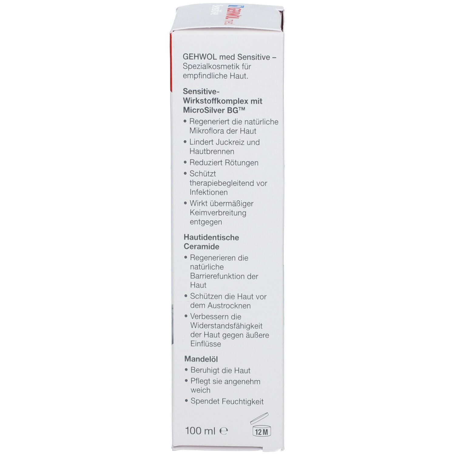 GEHWOL med Sensitive Creme. Schachtel. Text: Sensitive-Wirkstoffkomplex, Hautidentische Ceramide, Mandelöl, 100 ml.