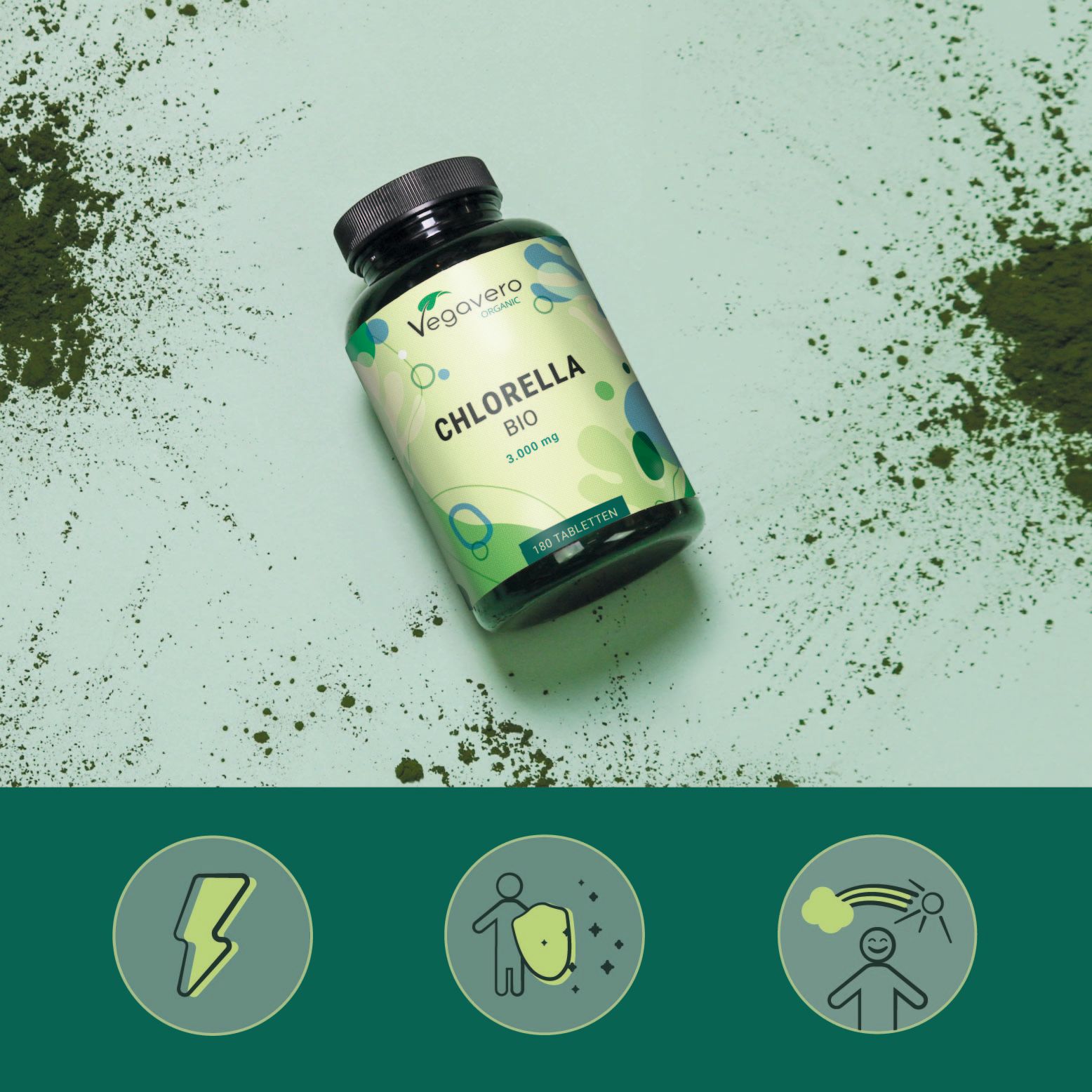 Flacone di compresse verde con scritta: Chlorella BIO 1.000 MG. Caratteristiche: qualità bio, senza additivi, vegano, produzione tedesca.