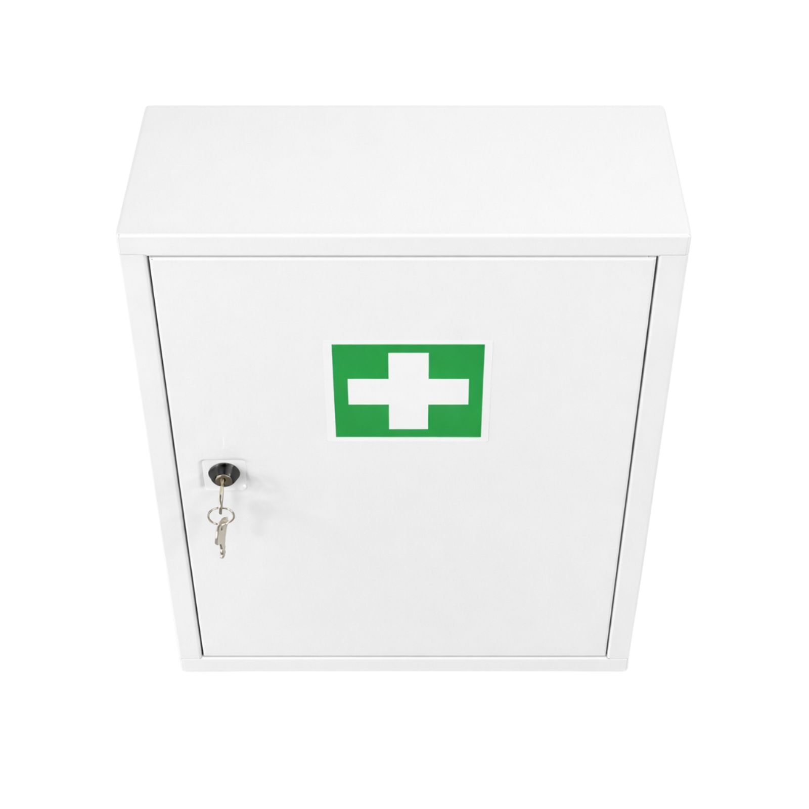 Weißer Verbandschrank mit grünem Kreuz und Schloss. Draufsicht.