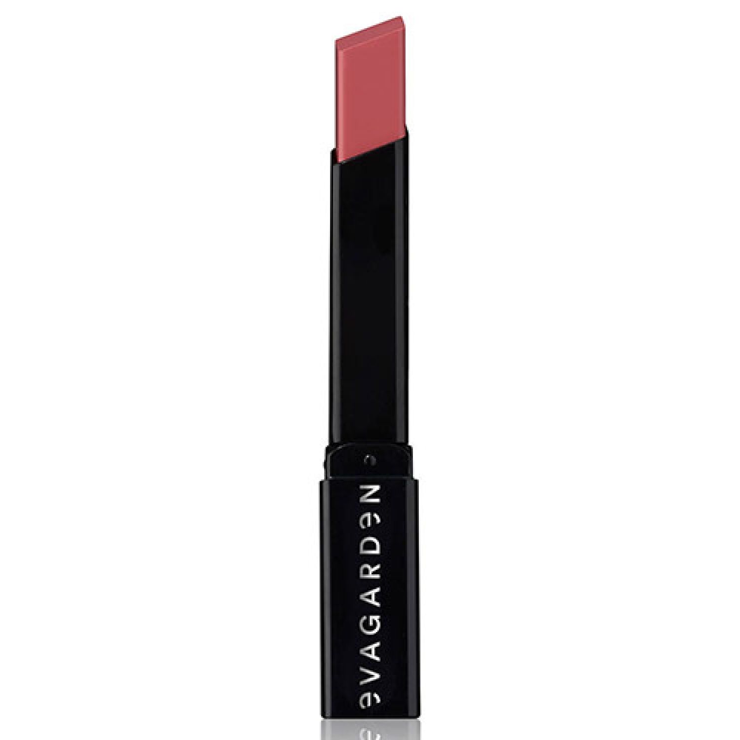 Lippenstift mit schwarzem Gehäuse. Der Lippenstift hat eine rosa Farbe und die Marke "evagarden" ist auf dem Gehäuse aufgedruckt.