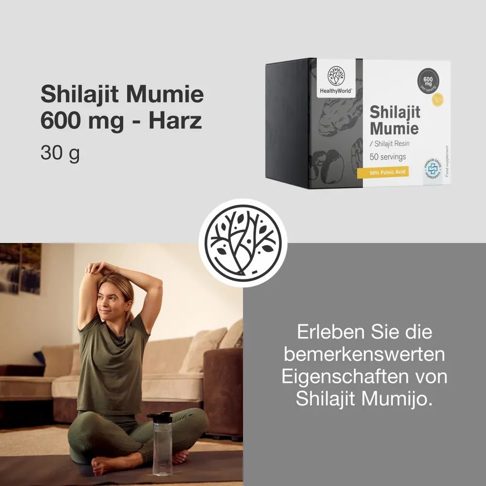 Produktverpackung Shilajit Mumie, 600 mg, Harz, 50 Portionen. Ayurveda, effektive Aufnahme, Unterstützung.