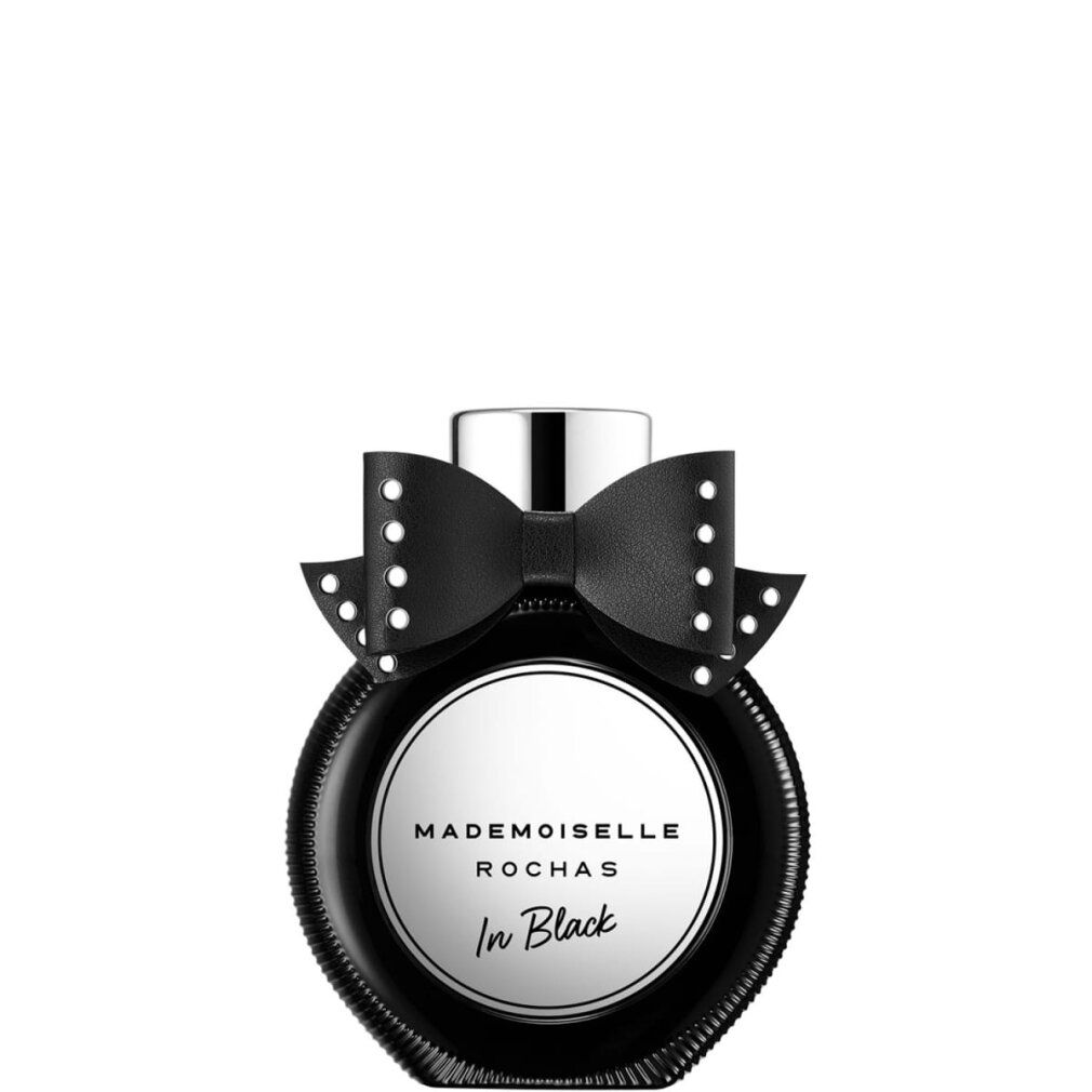 Schwarze Parfümflasche mit Schleife. Aufschrift: Mademoiselle Rochas In Black.
